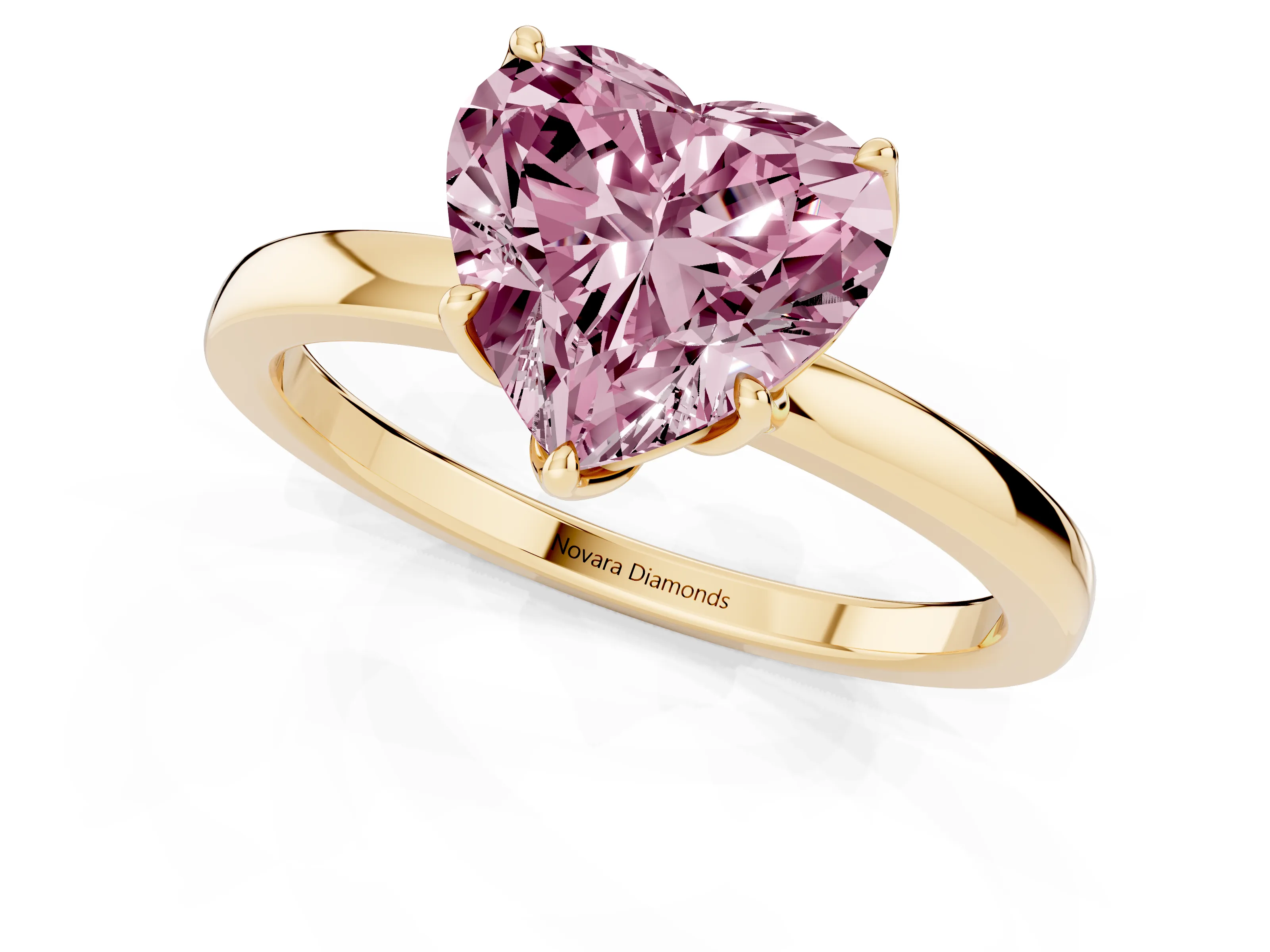 Fancy Pink Heart Cut Diamond Solitaire Ring Set in Yellow gold with Prong Setting and Thin Polished Band