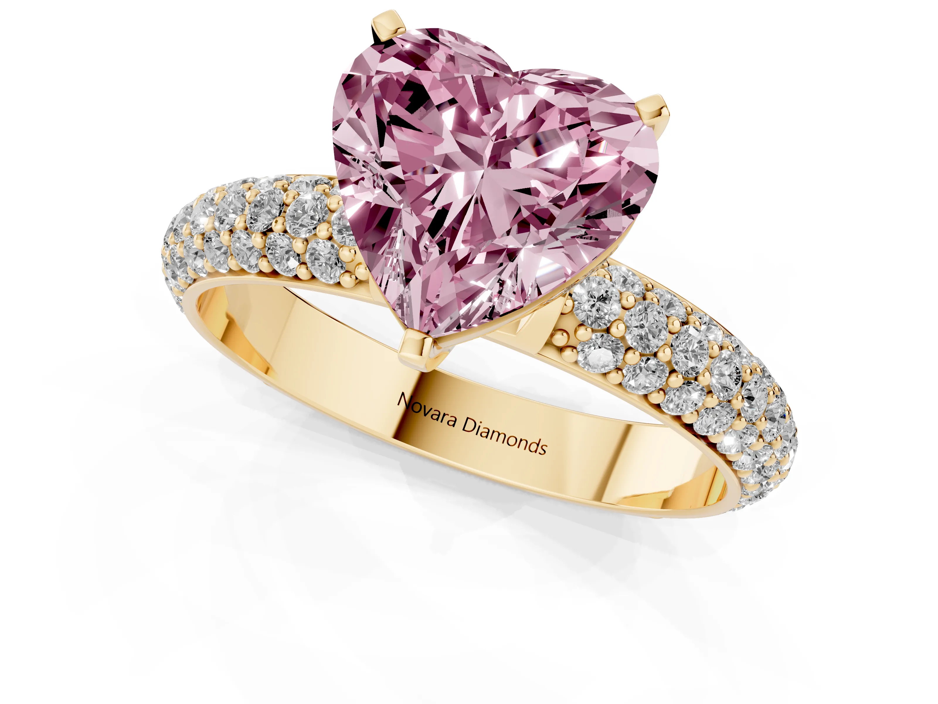 Fancy Pink Heart Cut Diamond Solitaire Ring Set in Yellow gold with Prong Setting and Pavé-Set Band