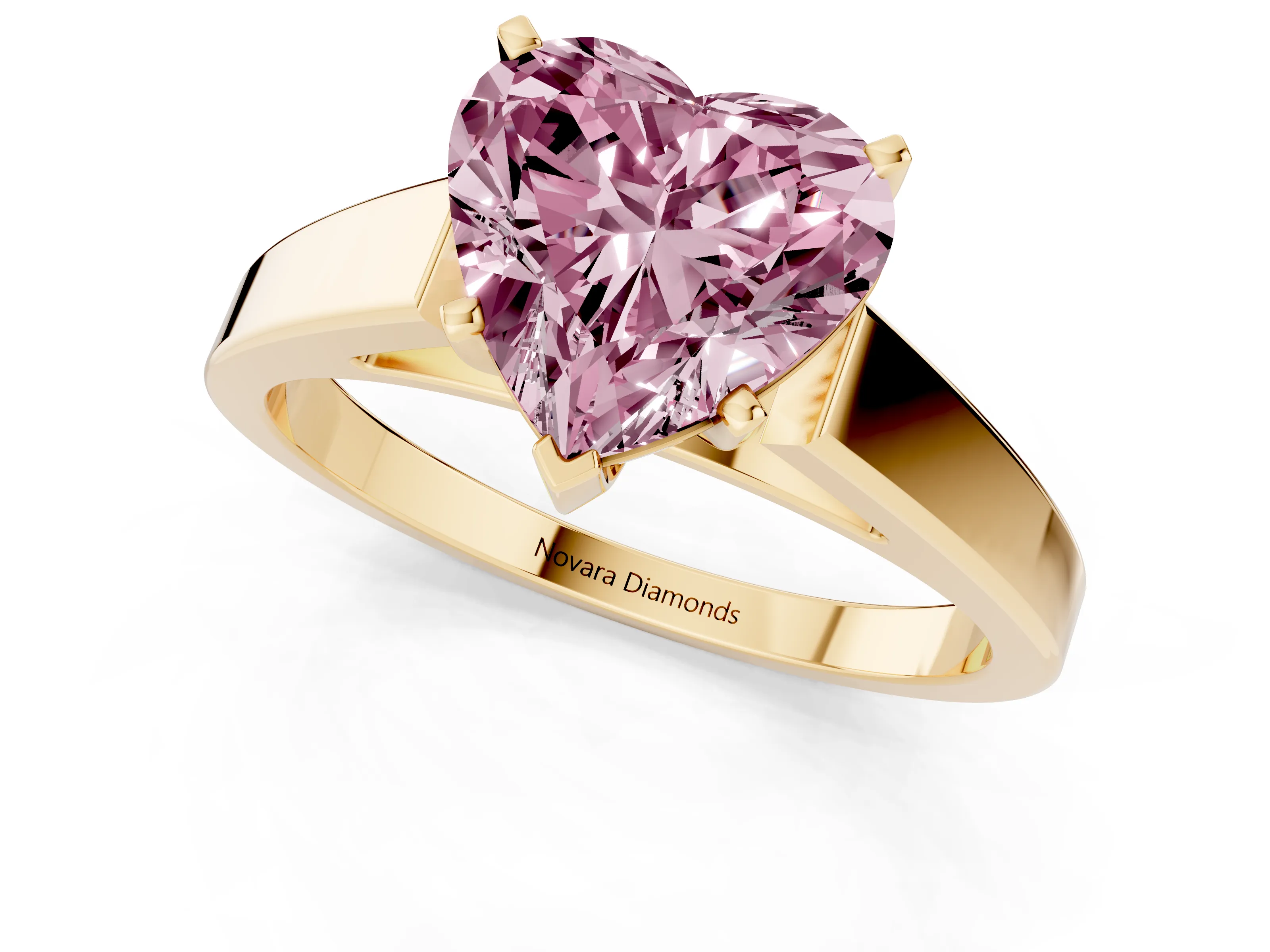 Fancy Pink Heart Cut Diamond Solitaire Engagement Ring Set in Yellow gold with Prong Setting and Tapered Band