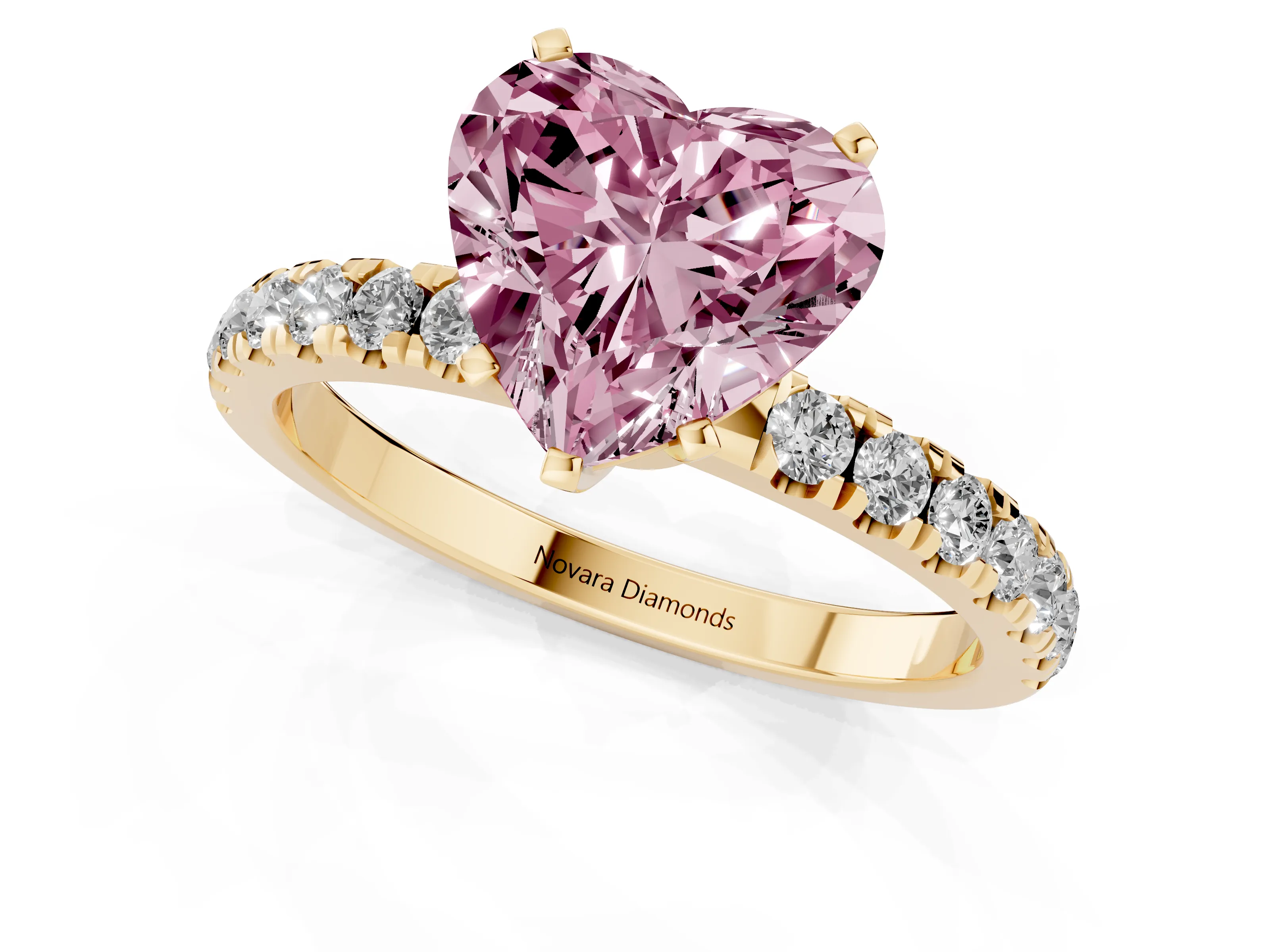 Fancy Pink Heart Cut Diamond Solitaire Ring Set in Yellow gold with Pavé Accents and Prong Setting