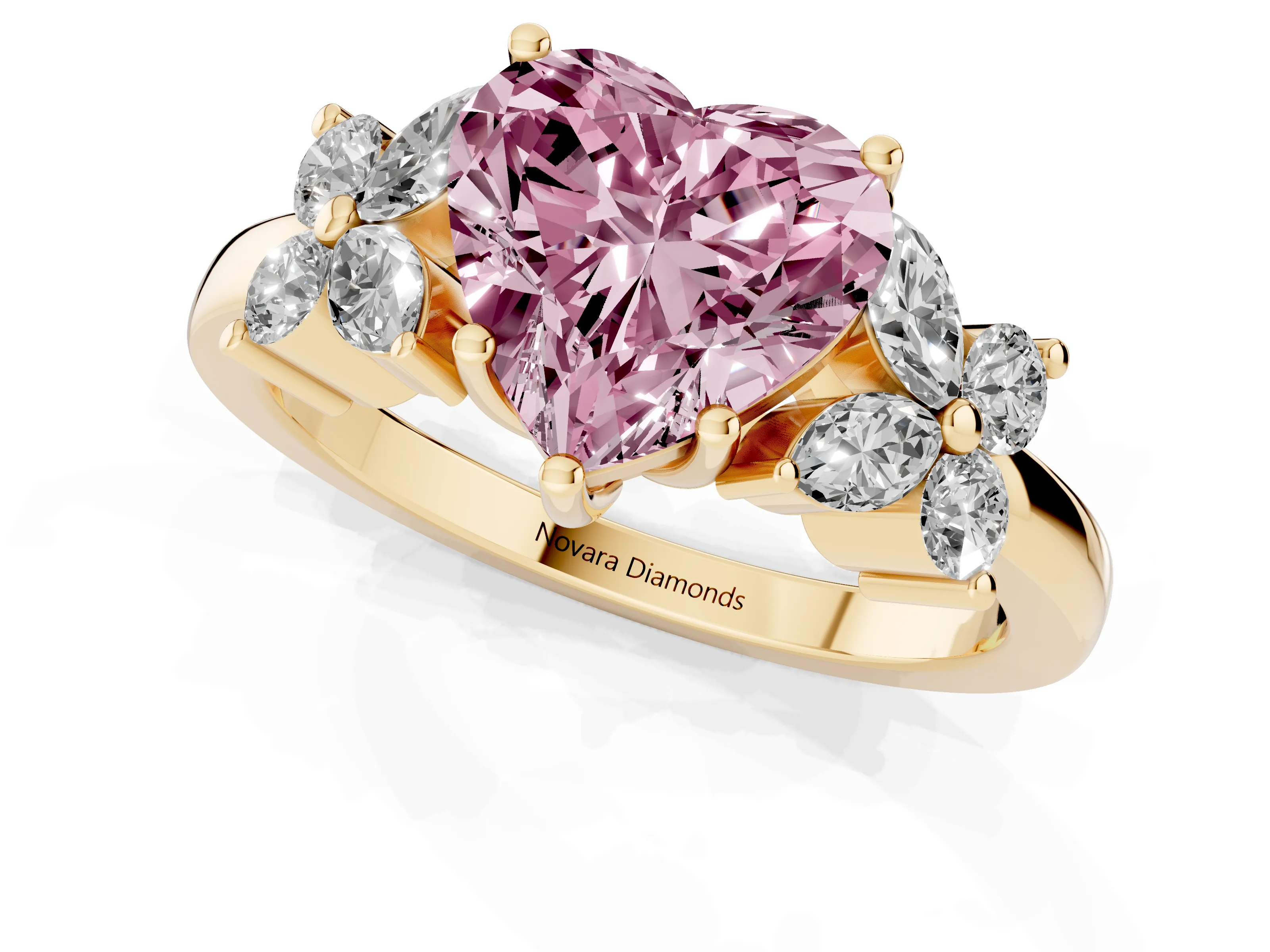 Fancy Pink Heart Cut Diamond Floral Cluster Ring Set in Yellow gold with Marquise Petals and Prong Setting