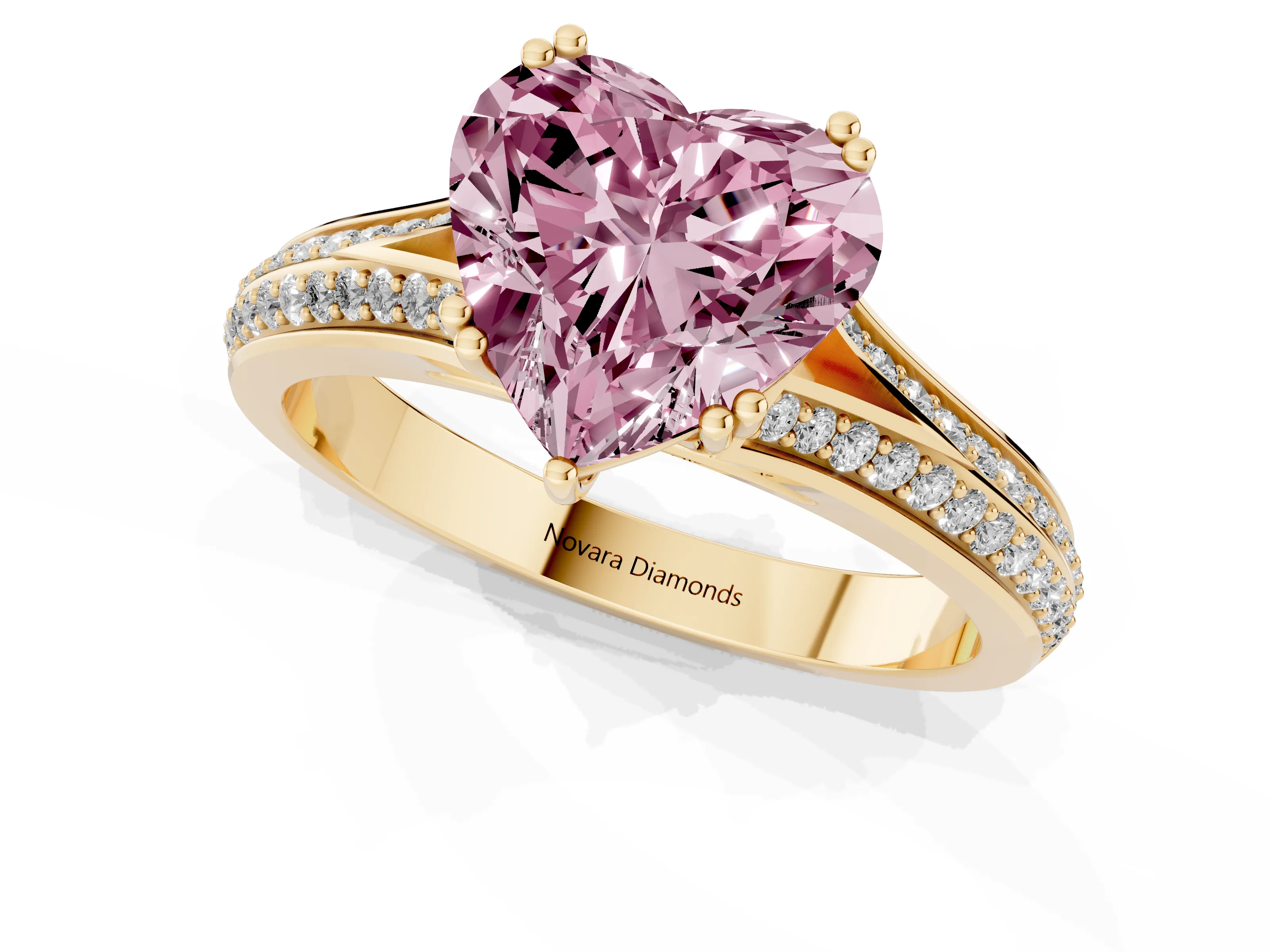 Fancy Pink Heart Cut Diamond Split Shank Pavé Engagement Ring Set in Yellow gold with Prong-Set Center Stone