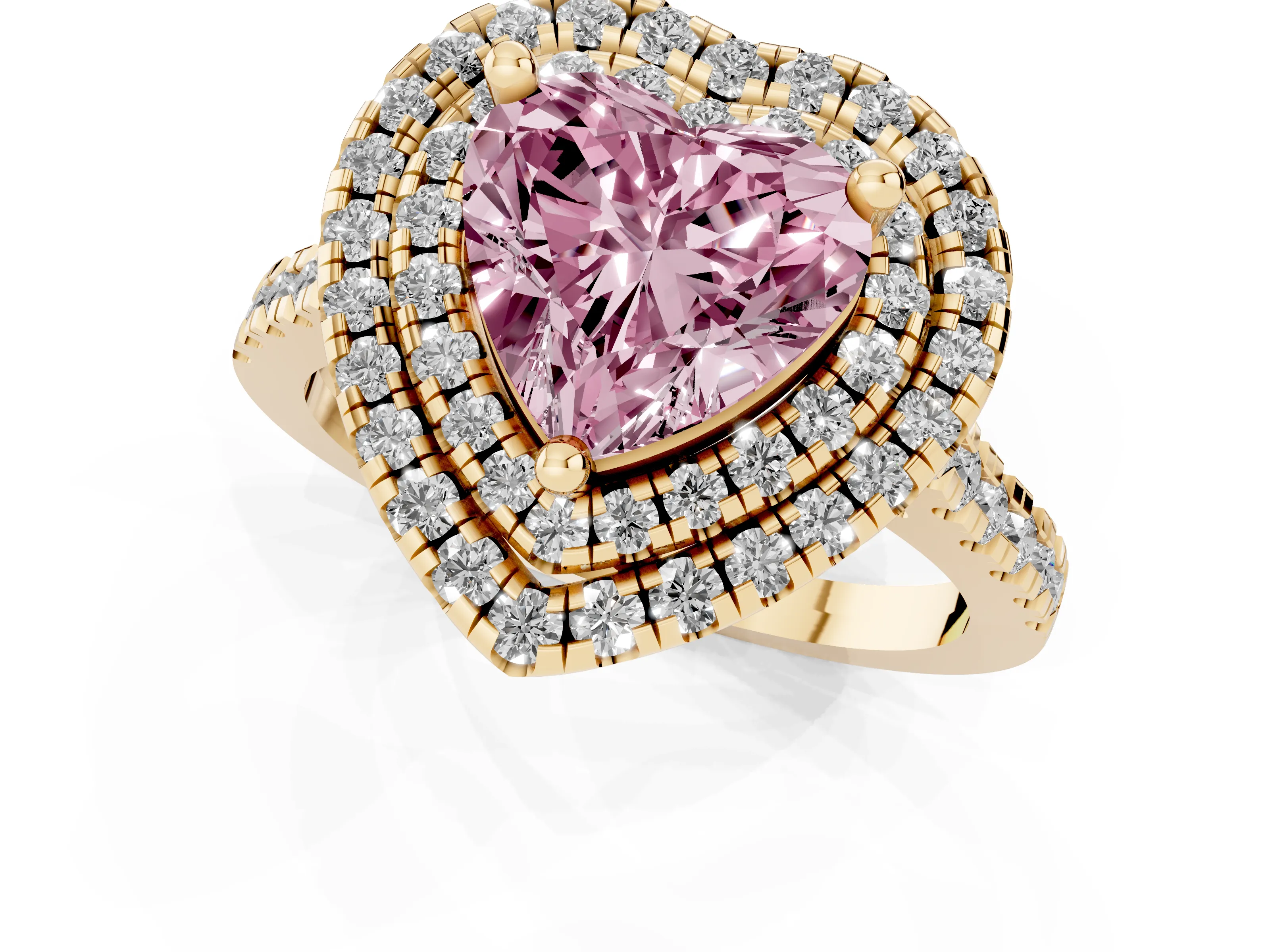 Fancy Pink Heart Cut Diamond Double Halo Statement Ring Set in Yellow gold with Pavé Band
