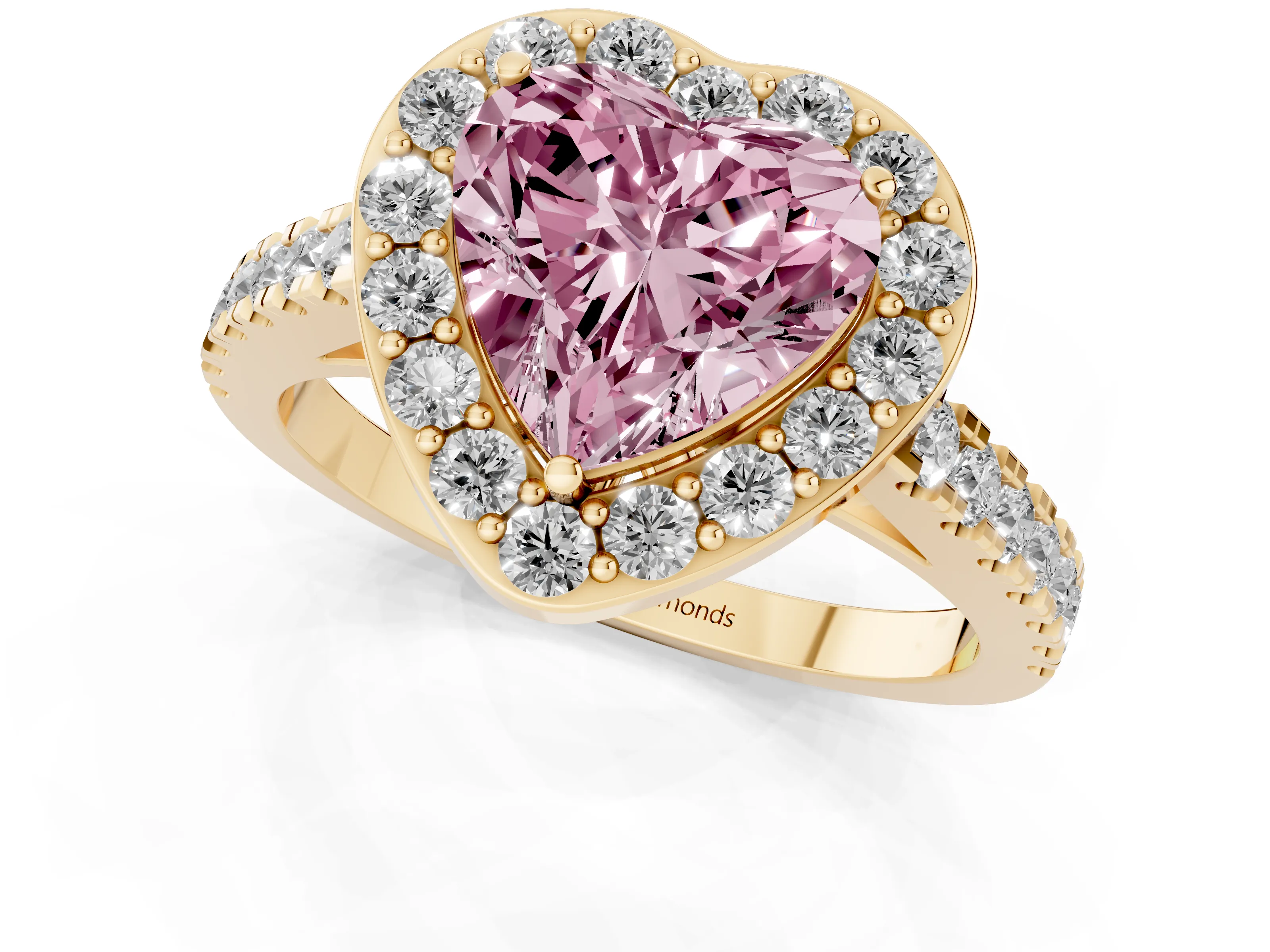 Fancy Pink Heart Cut Diamond Halo Ring Set in Yellow gold with Round Pavé Split Shank and Prong Setting