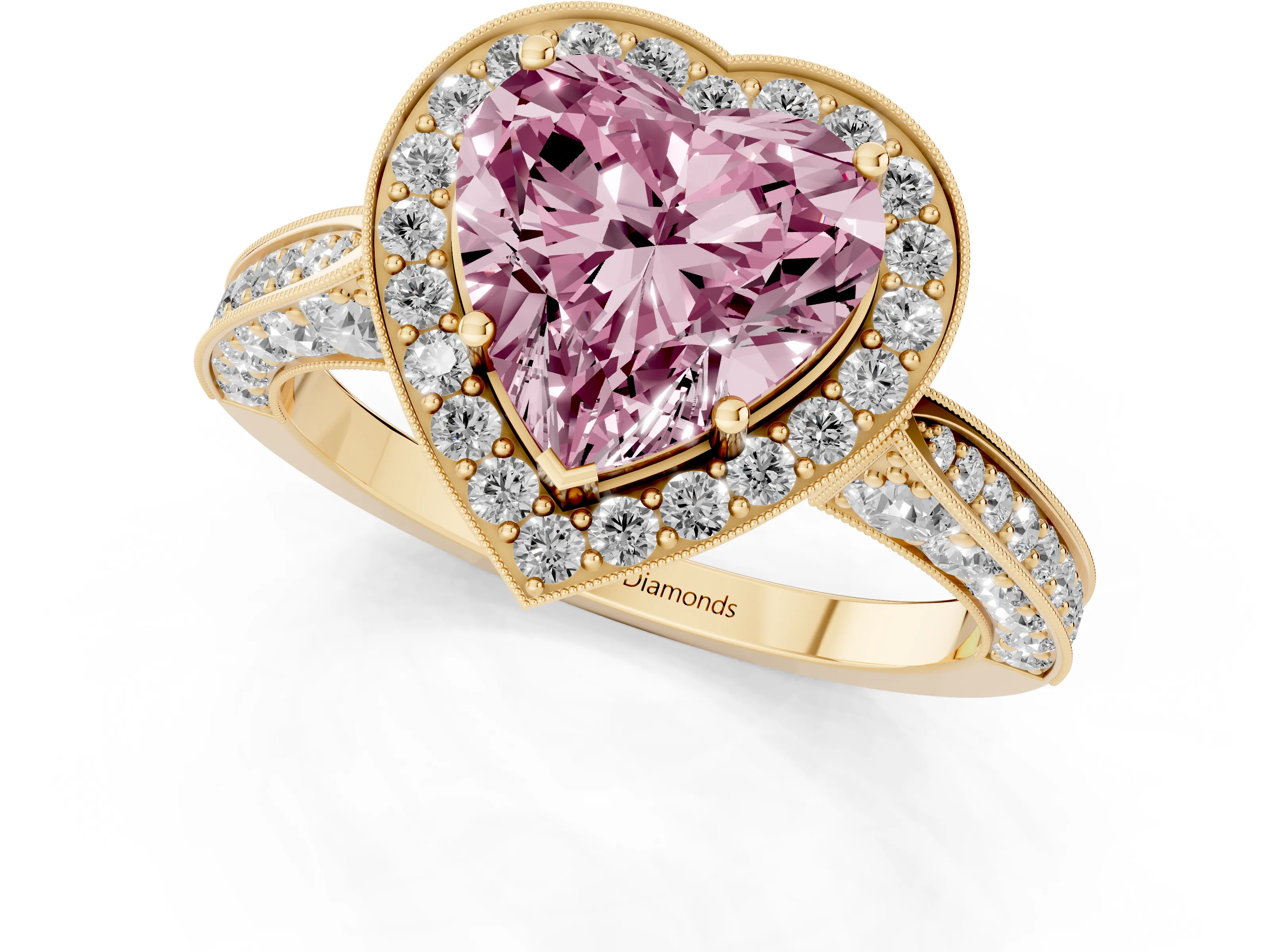 Fancy Pink Heart Cut Diamond Halo Engagement Ring Set in Yellow gold with Accent Split Shank Band