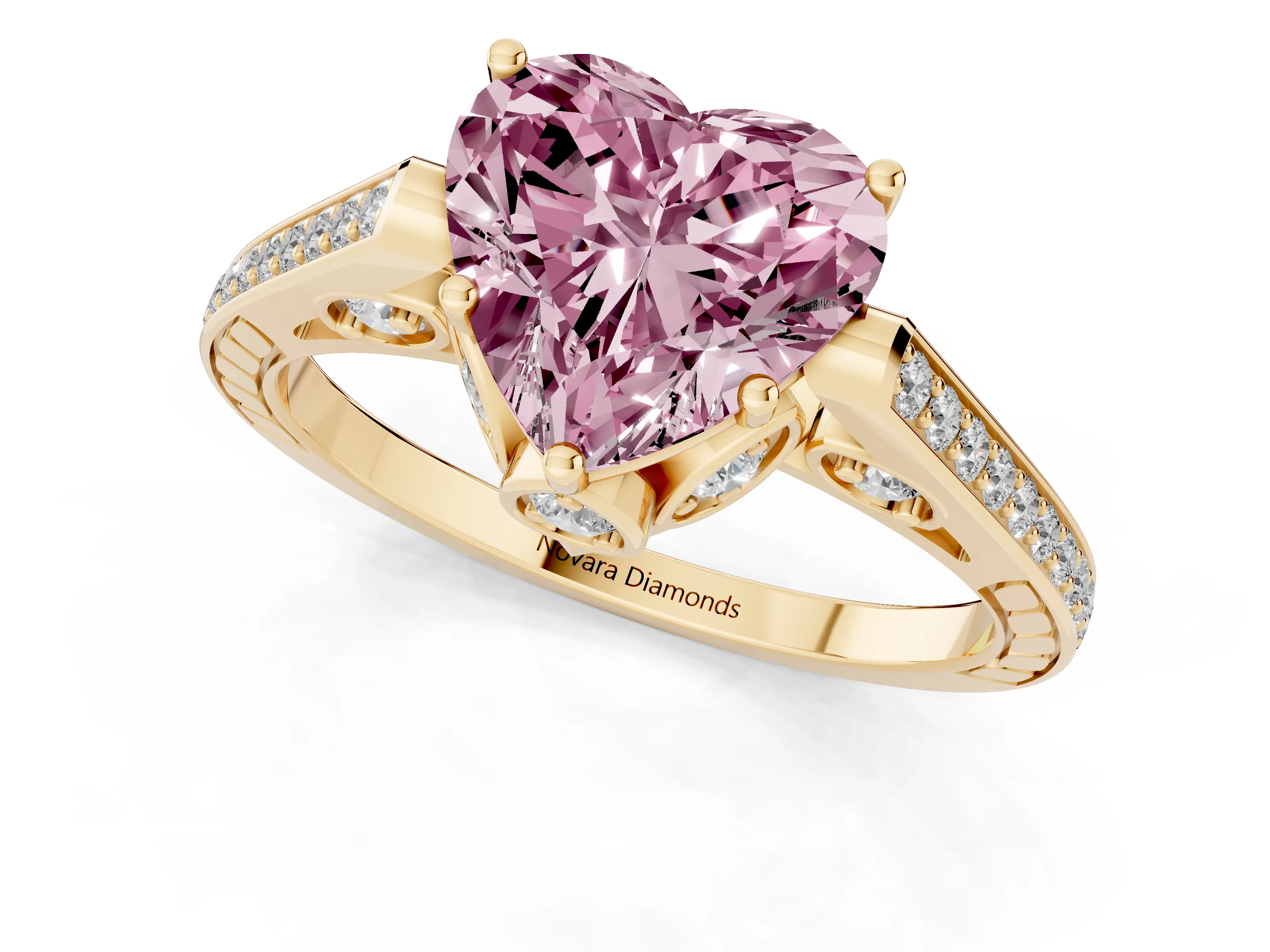 Fancy Pink Heart Cut Diamond Cathedral Pavé Engagement Ring Set in Yellow gold with Prong Setting