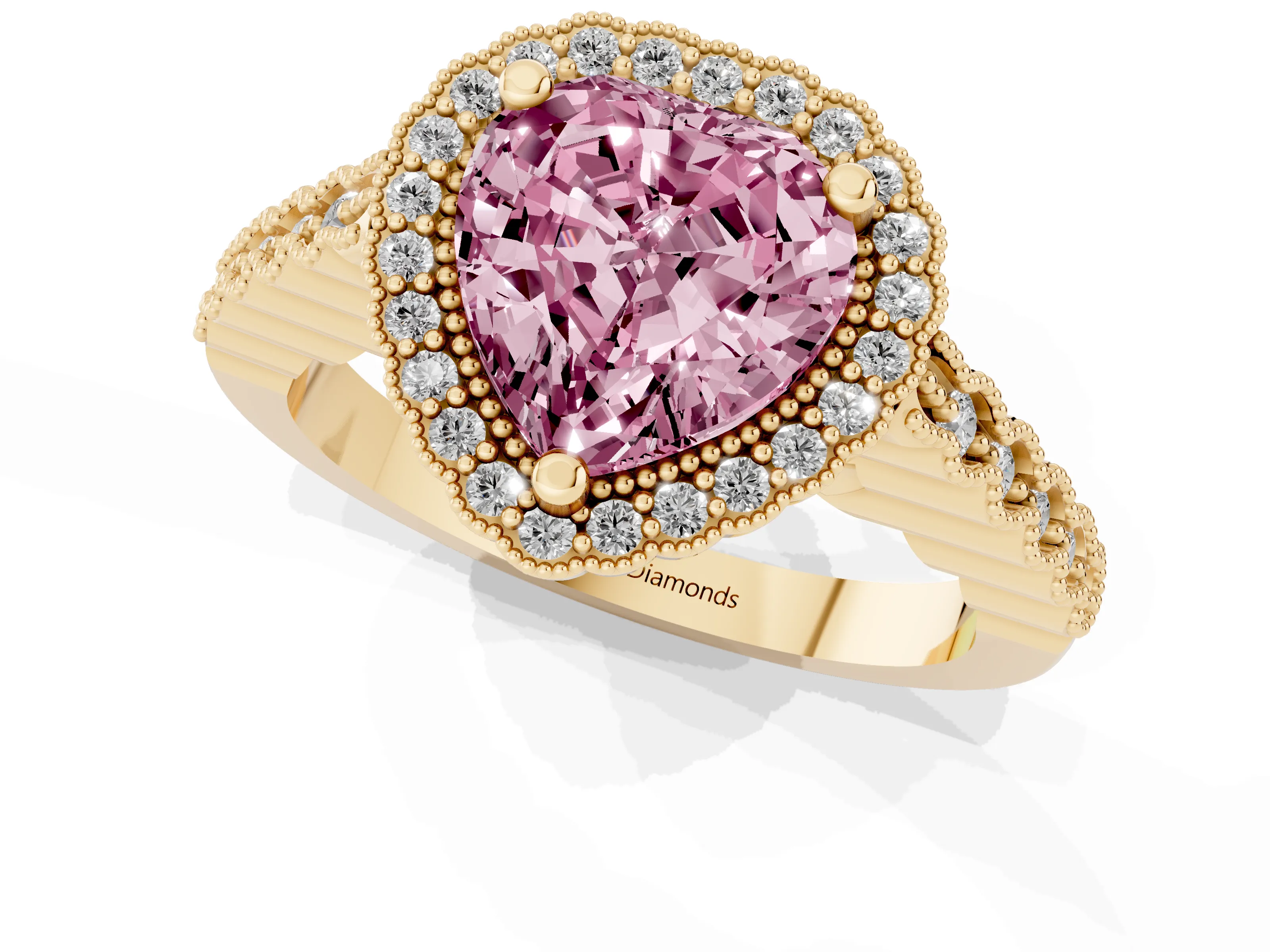 Fancy Pink Heart Cut Diamond Halo Ring Set in Yellow gold with Pavé Milgrain Band