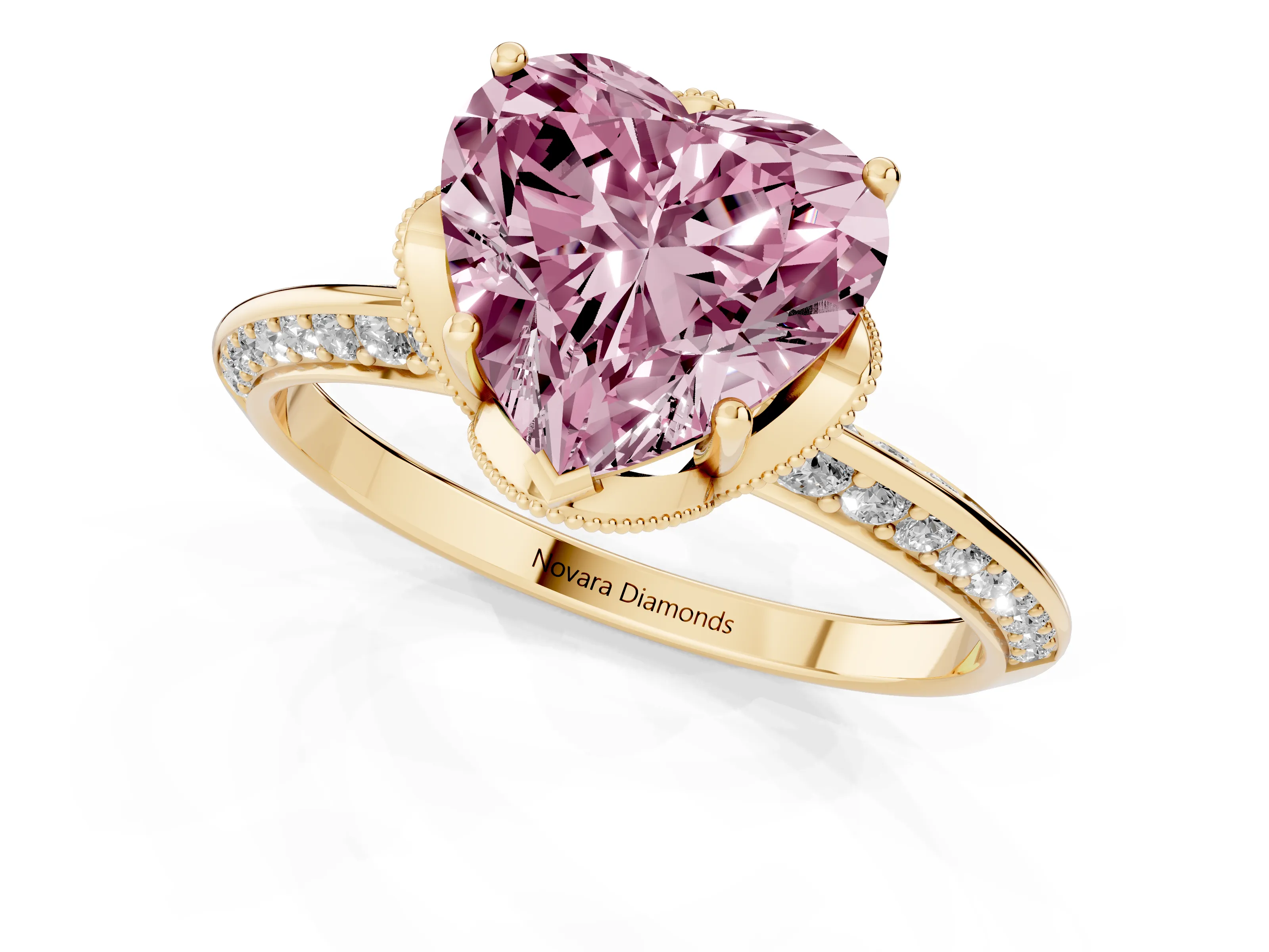 Fancy Pink Heart Cut Diamond Solitaire Engagement Ring Set in Yellow gold with Pavé Split Shank and Prong Setting