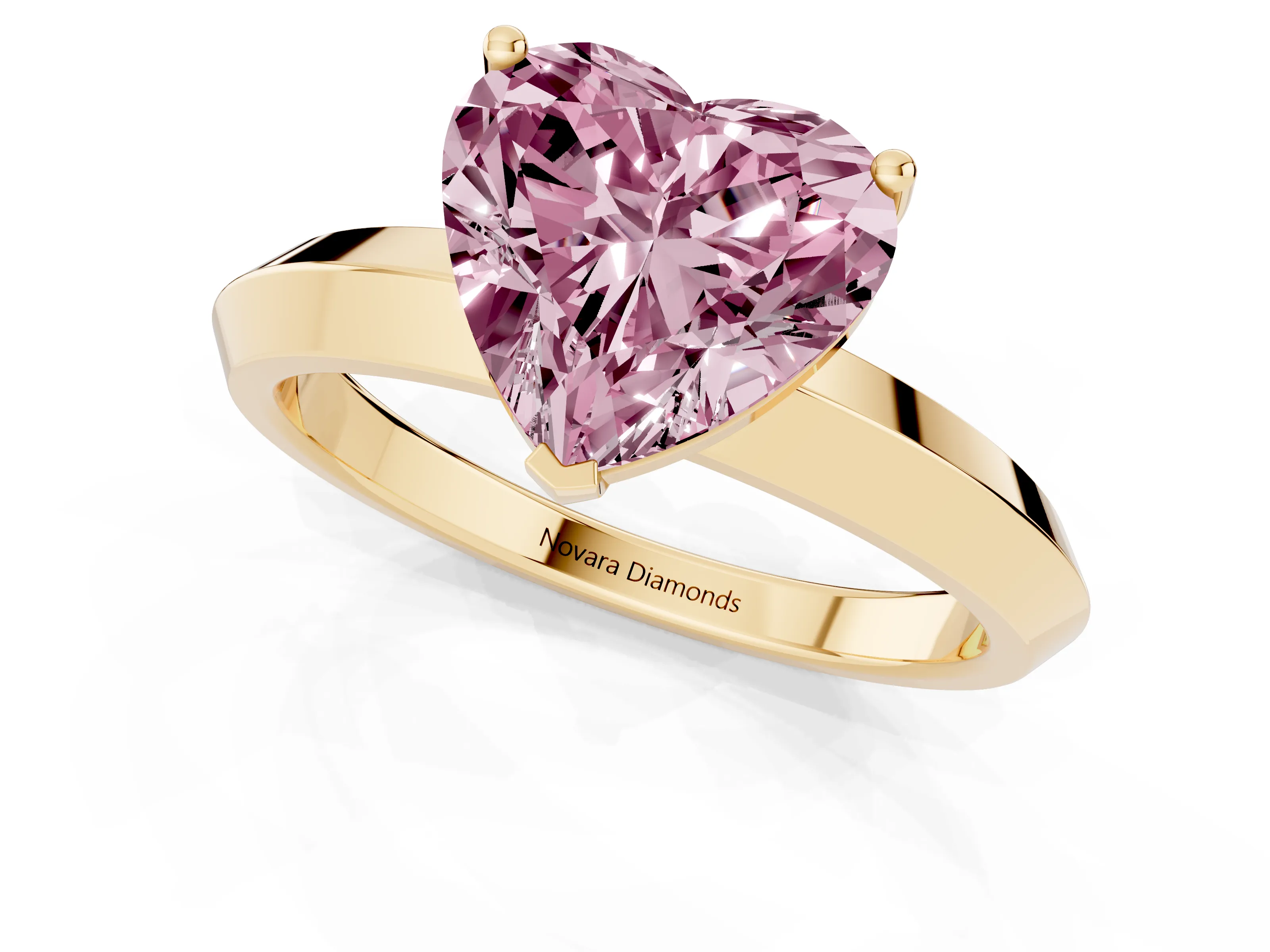 Fancy Pink Heart Cut Diamond Solitaire Engagement Ring Set in Yellow gold with Flat Band and Prong Setting