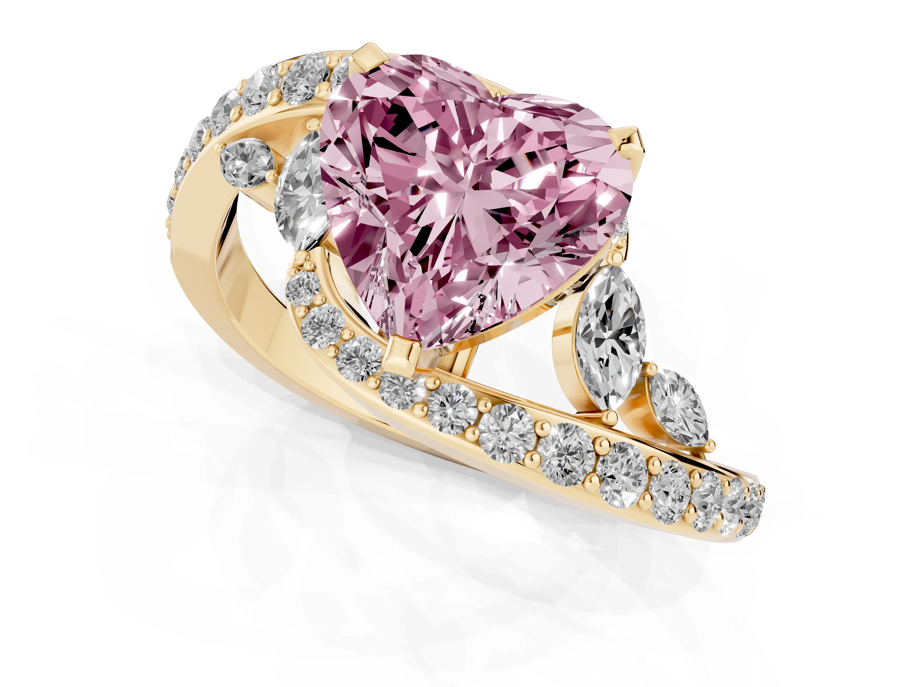 Fancy Pink Heart Cut Diamond Solitaire Ring Set in Yellow gold with Pavé Twist Band and Secure Prong Setting