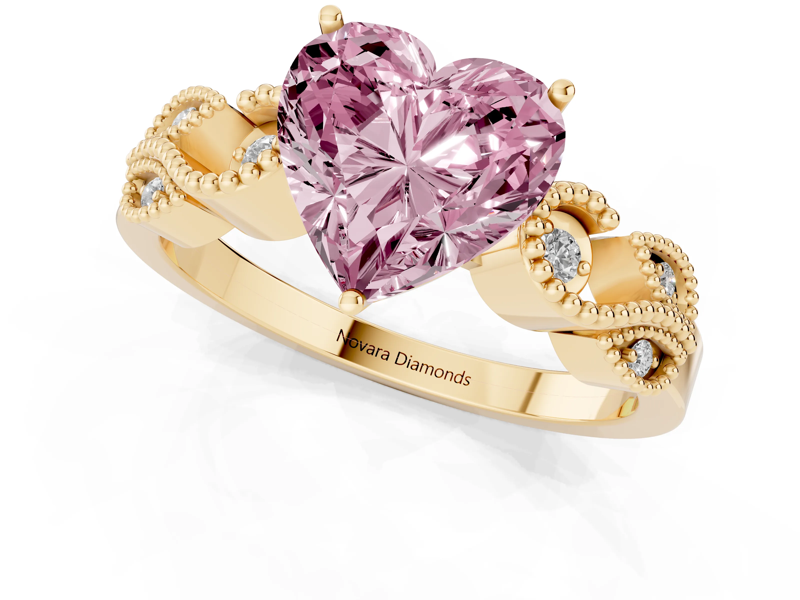 Fancy Pink Heart Cut Diamond Milgrain Leaf Band Solitaire Ring Set in Yellow gold with Accent Stones and Prong Setting
