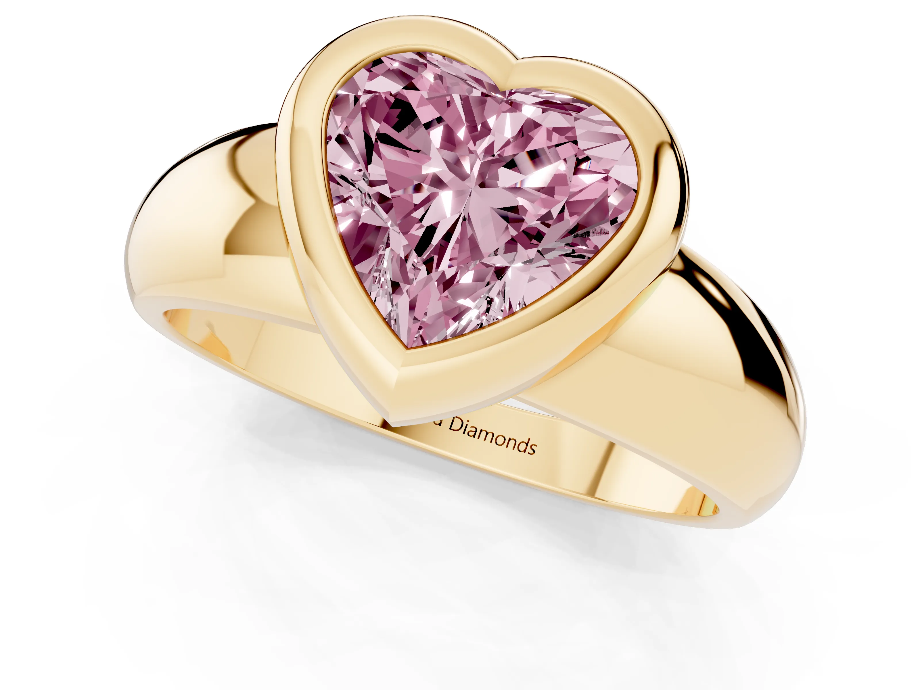 Fancy Pink Bezel Set Heart Cut Diamond Solitaire Ring Set in Yellow gold with Wide Band