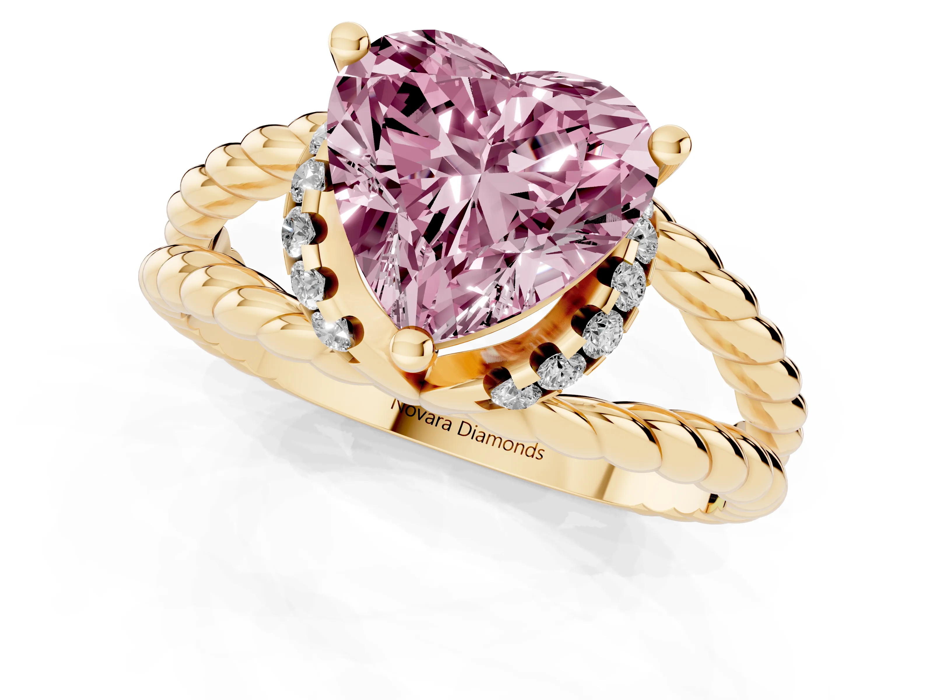 Fancy Pink Heart Cut Diamond Halo Ring Set in Yellow gold with Twisted Band and Prong Setting
