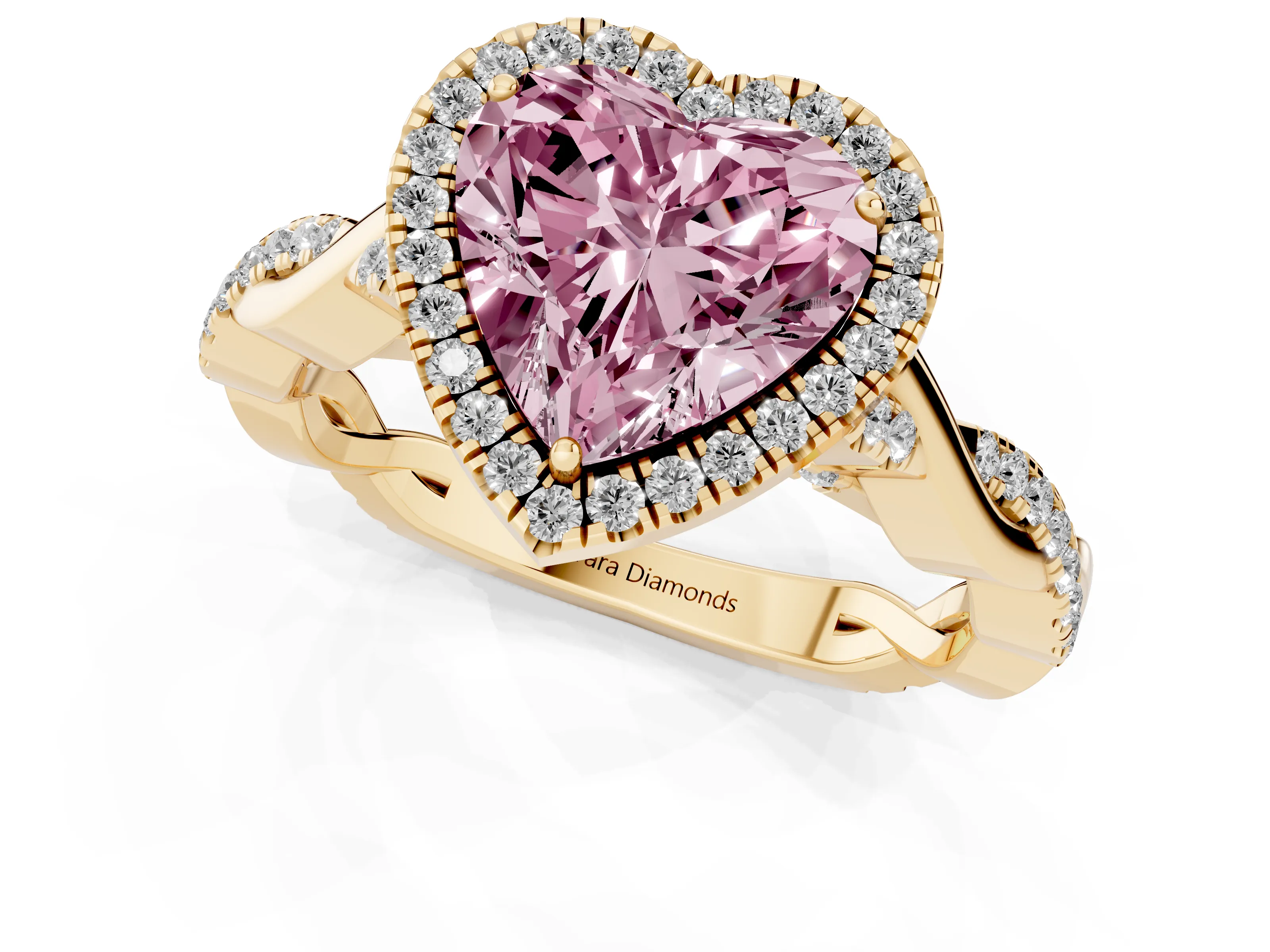 Fancy Pink Heart Cut Diamond Halo Twist Band Solitaire Ring Set in Yellow gold with Prong Setting