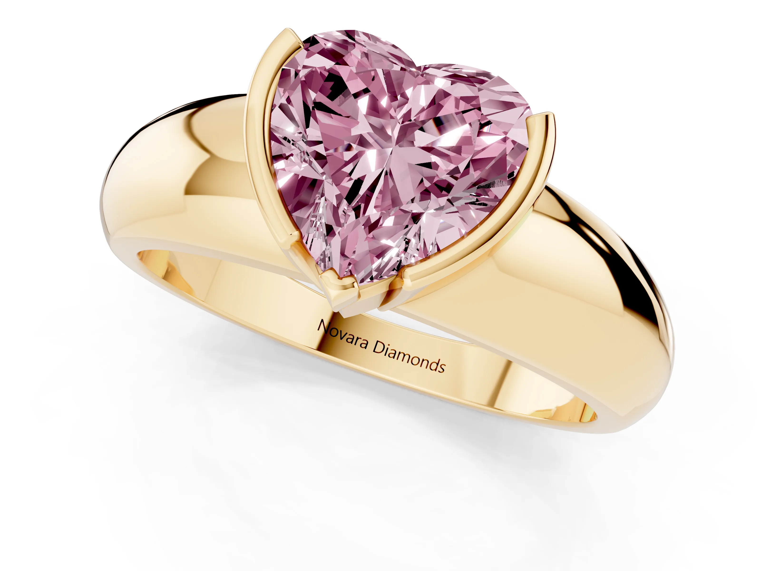Fancy Pink Heart Cut Diamond Solitaire Tension Set Ring Set in Yellow gold with Wide Band