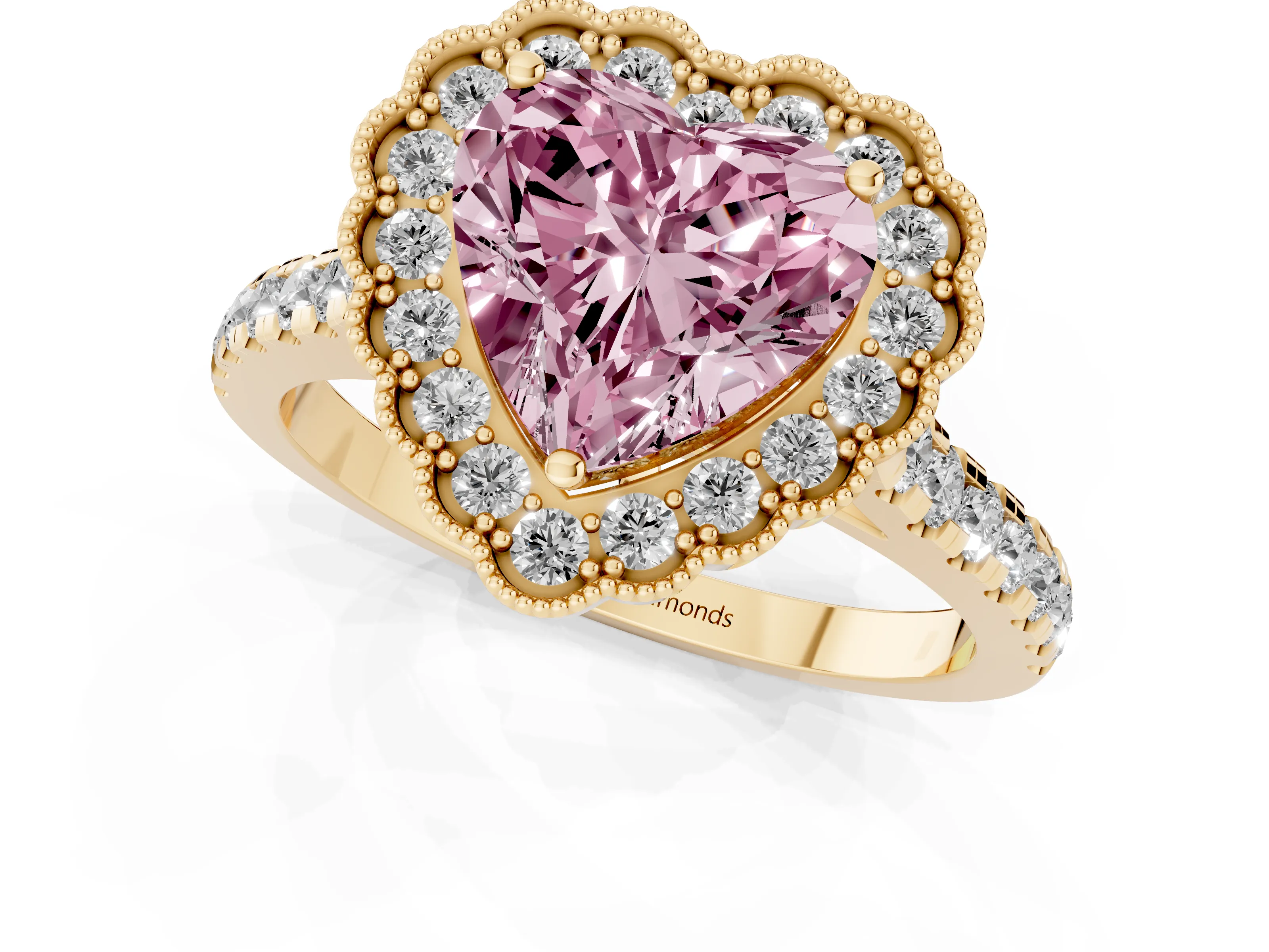 Fancy Pink Heart Cut Diamond Milgrain Floral Halo Engagement Ring Set in Yellow gold with Pavé Band