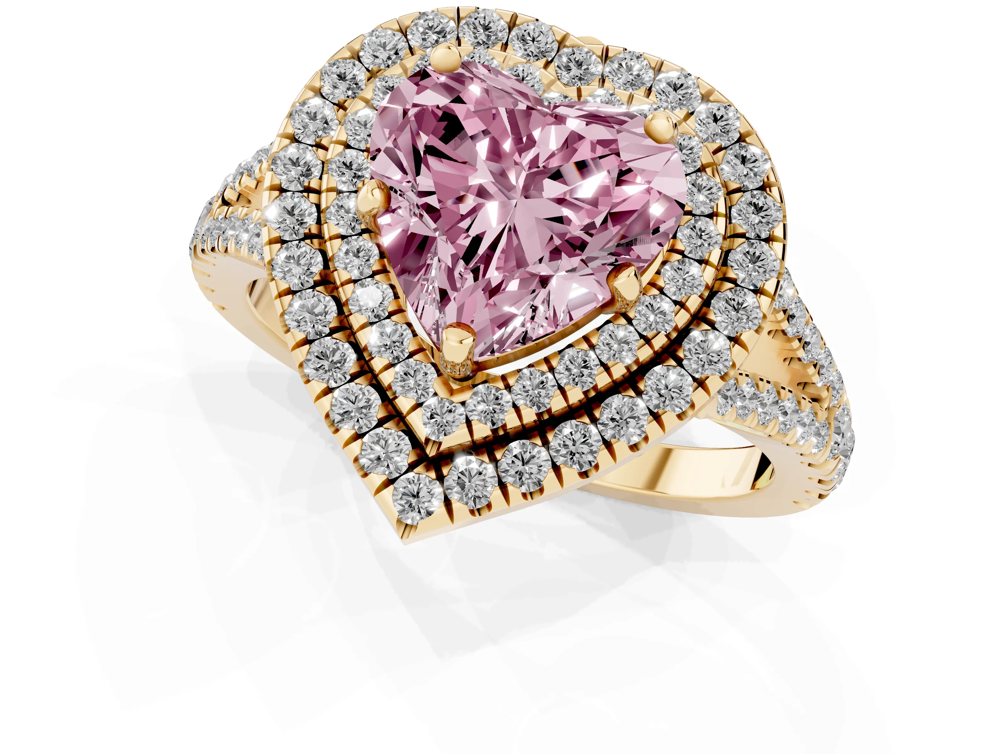 Fancy Pink Heart Cut Diamond Double Halo Ring Set in Yellow gold with Pavé Band – second view