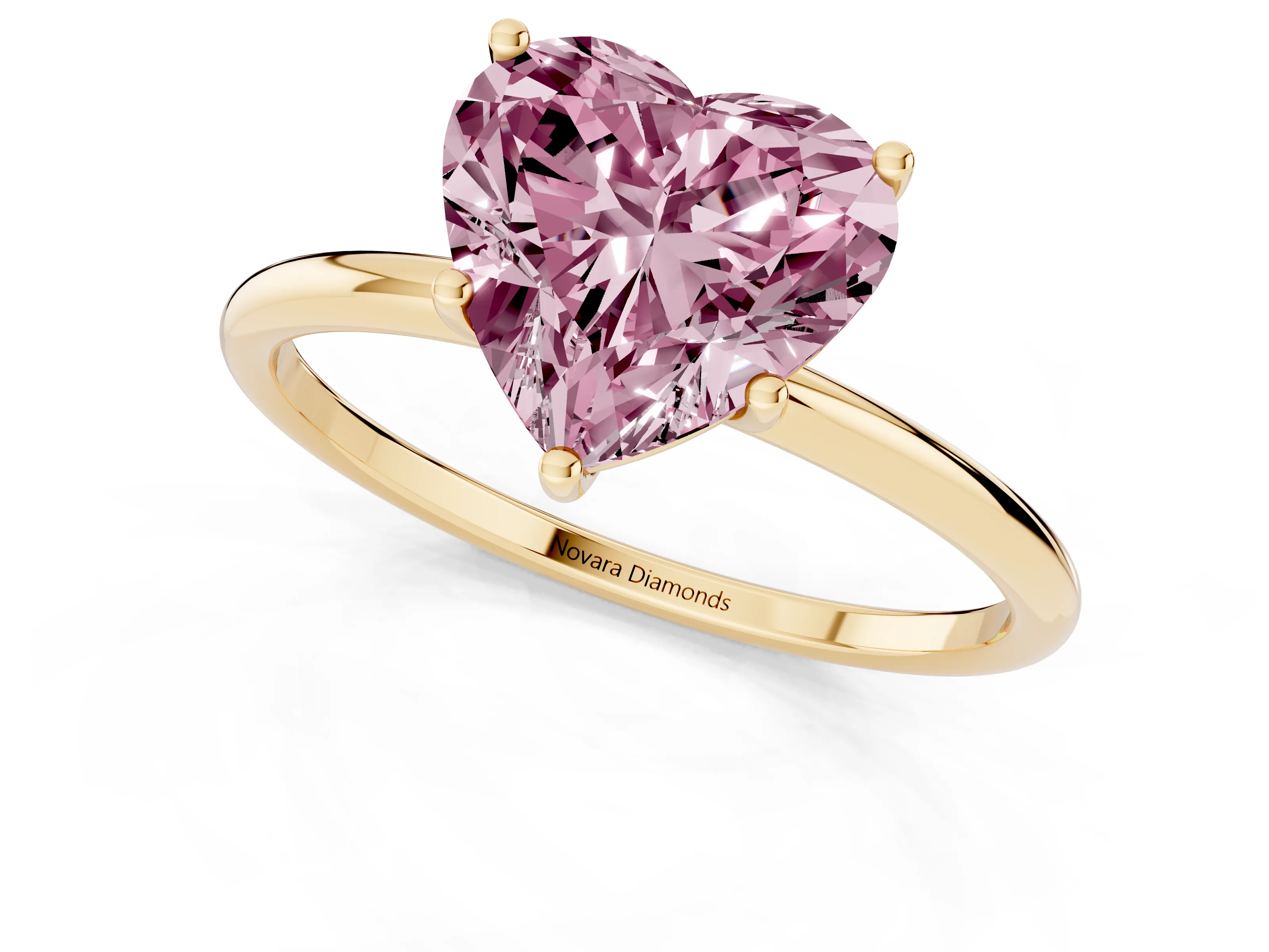 Fancy Pink Heart Cut Diamond Solitaire Engagement Ring Set in Yellow gold with Thin Band and Prong Setting