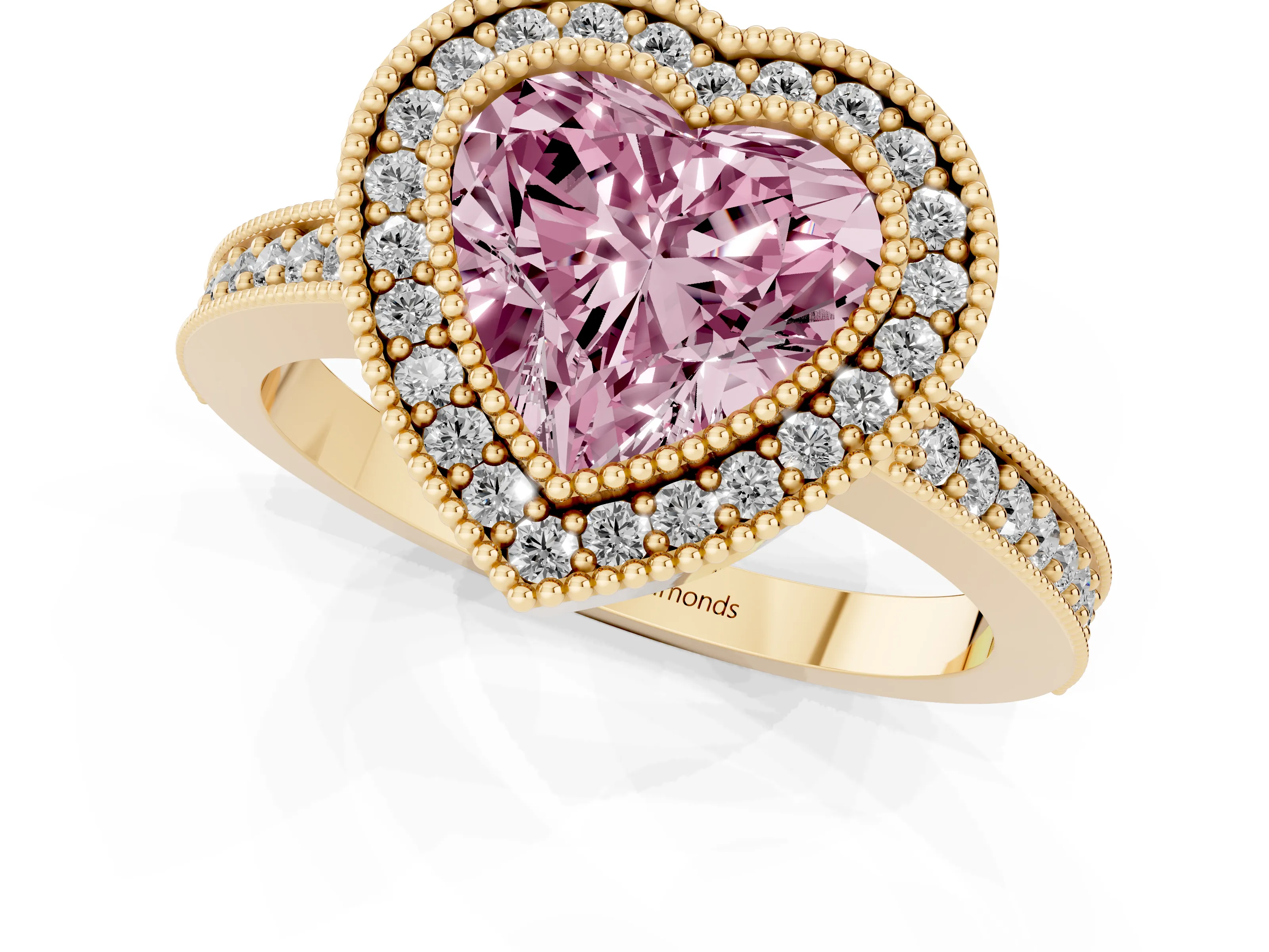 Fancy Pink Heart Cut Diamond Halo Engagement Ring Set in Yellow gold with Pavé Band and Round Halo Stones