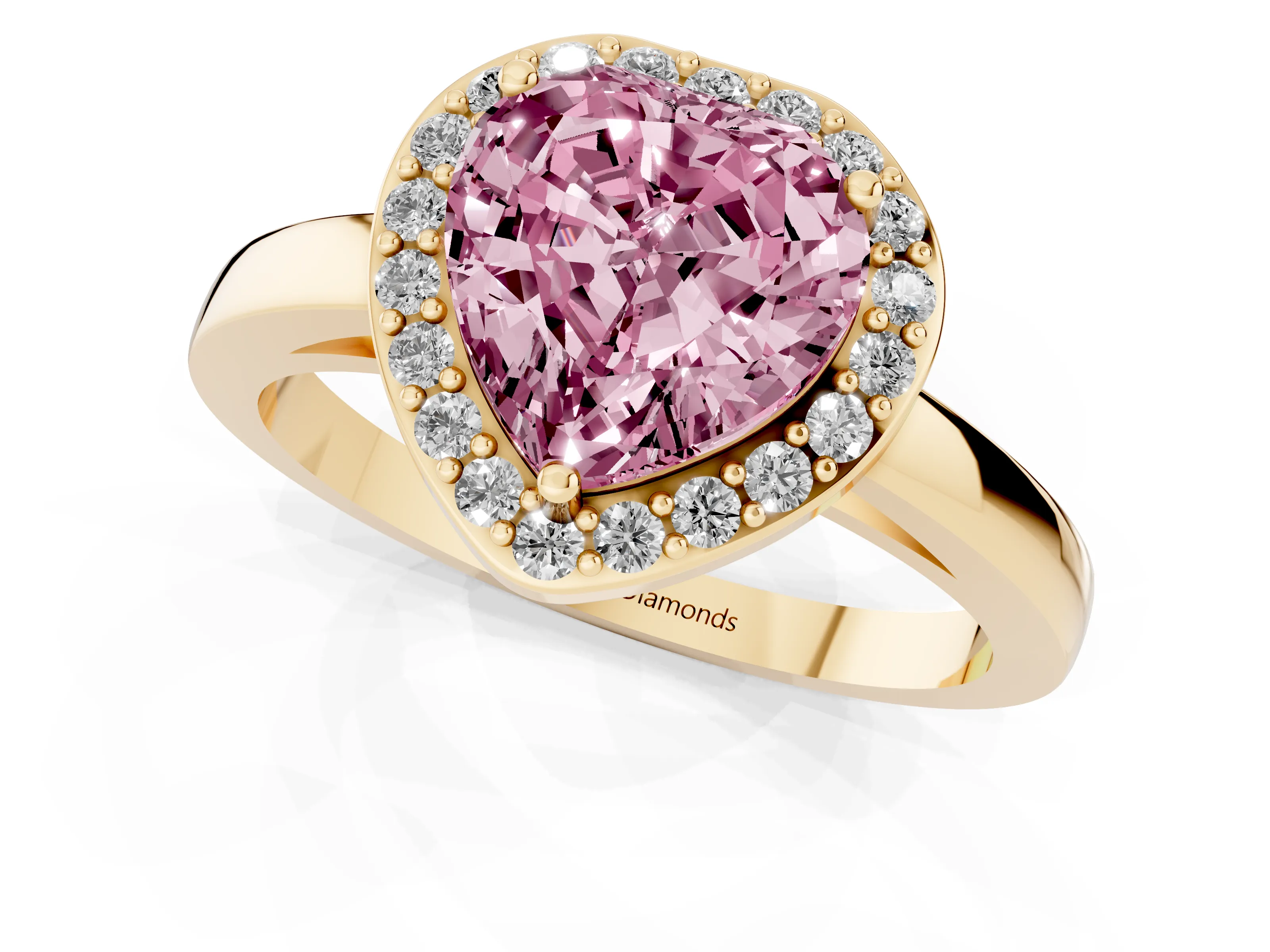 Fancy Pink Heart Cut Diamond Halo Ring Set in Yellow gold with Solitaire Band and Prong Setting