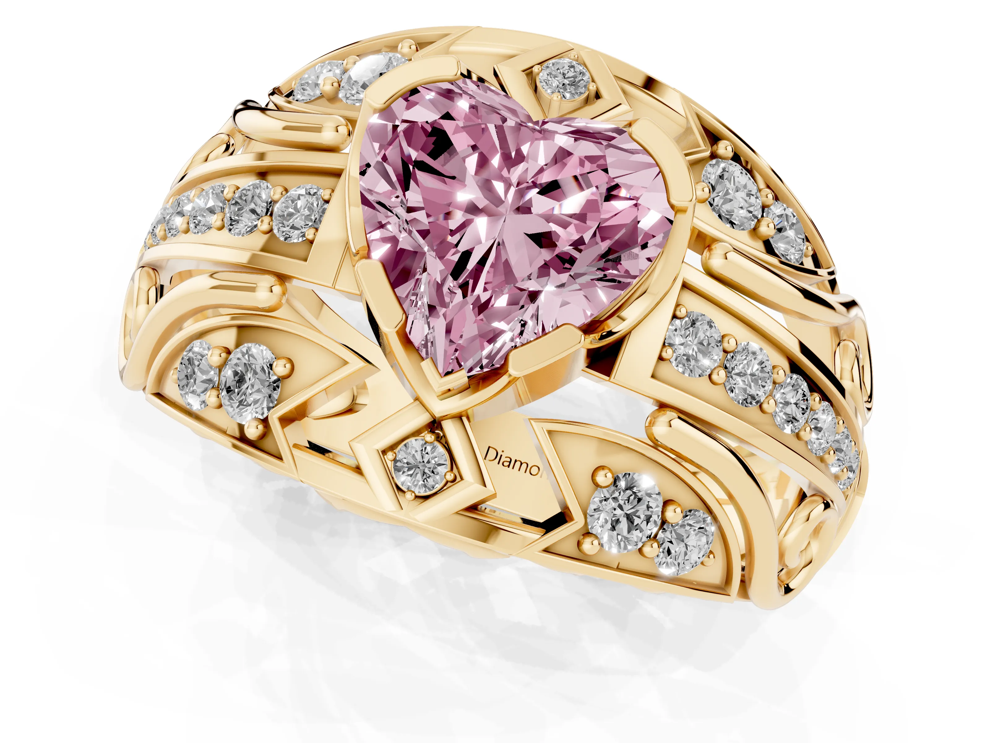 Fancy Pink Heart Cut Diamond Art Deco Ring Set in Yellow gold with Pavé Split Shank
