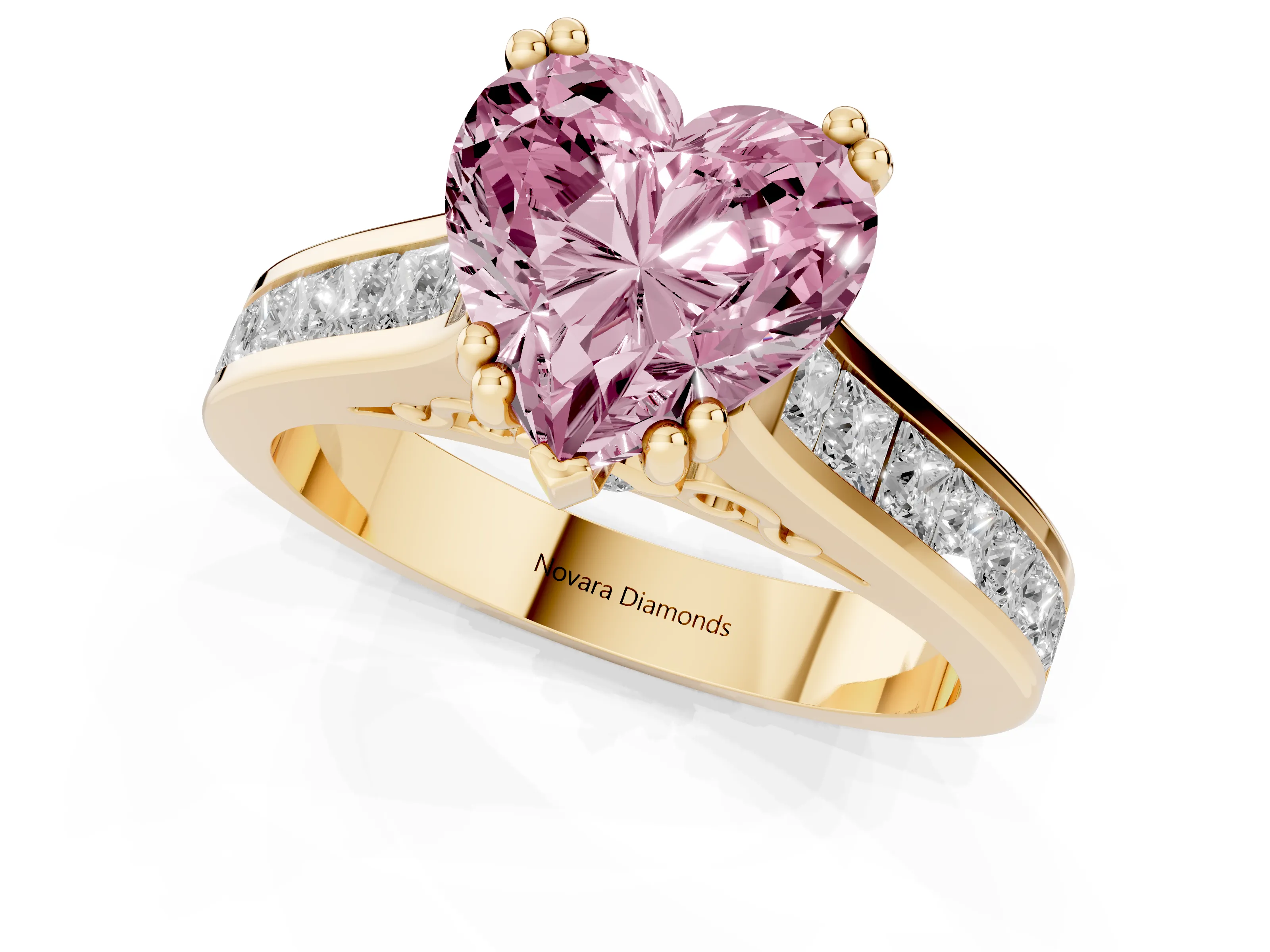Fancy Pink Heart Cut Diamond Channel Set Solitaire Engagement Ring Set in Yellow gold with Prong Setting