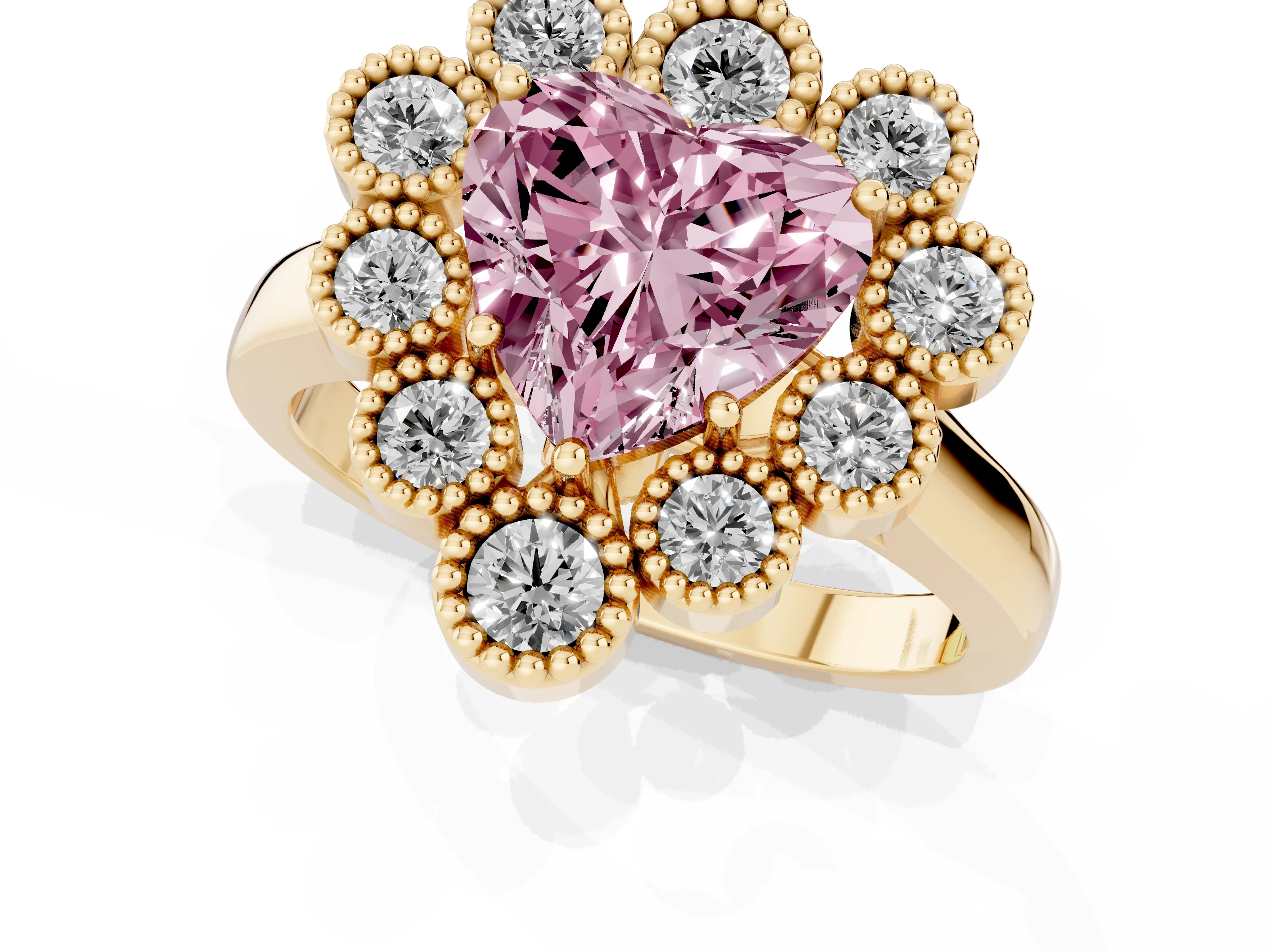 Fancy Pink Heart Cut Diamond Cluster Halo Ring Set in Yellow gold with Milgrain Bezel Accents and Plain Band