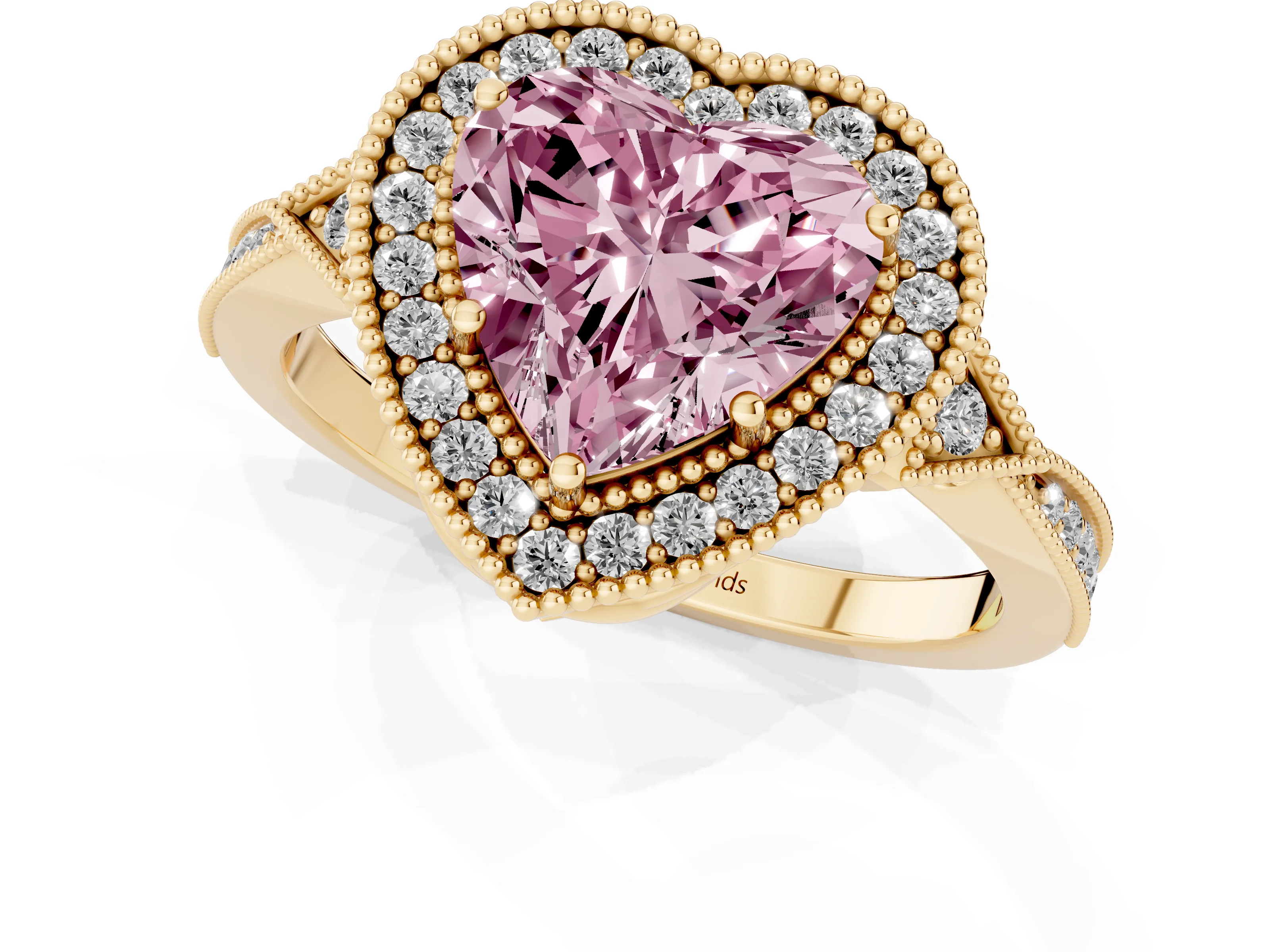 Fancy Pink Heart Cut Diamond Halo Engagement Ring Set in Yellow gold with Milgrain Pavé Band