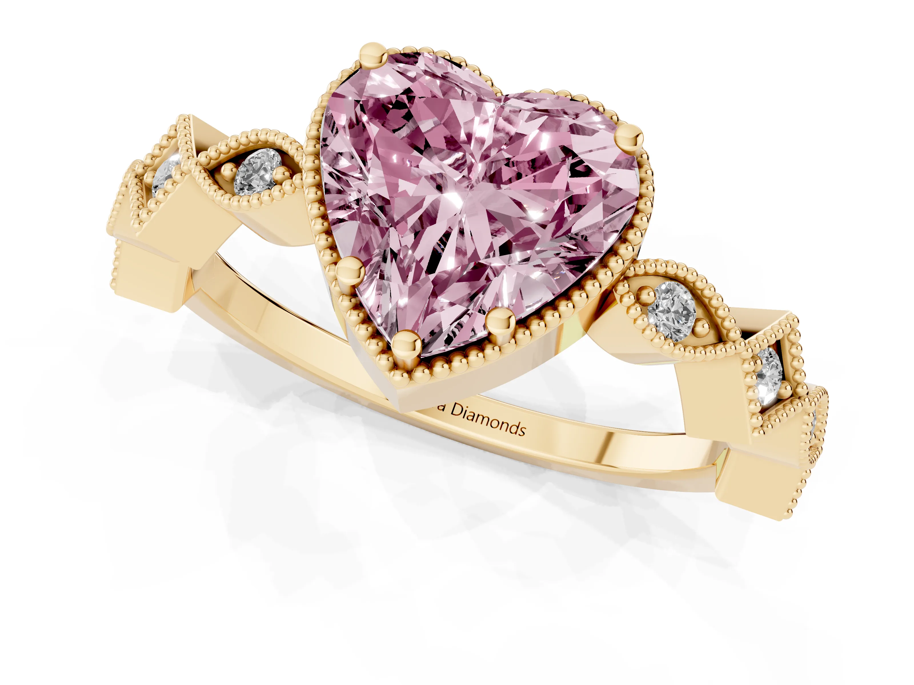 Fancy Pink Heart Cut Diamond Milgrain Marquise Twist Band Ring Set in Yellow gold with Prong Setting