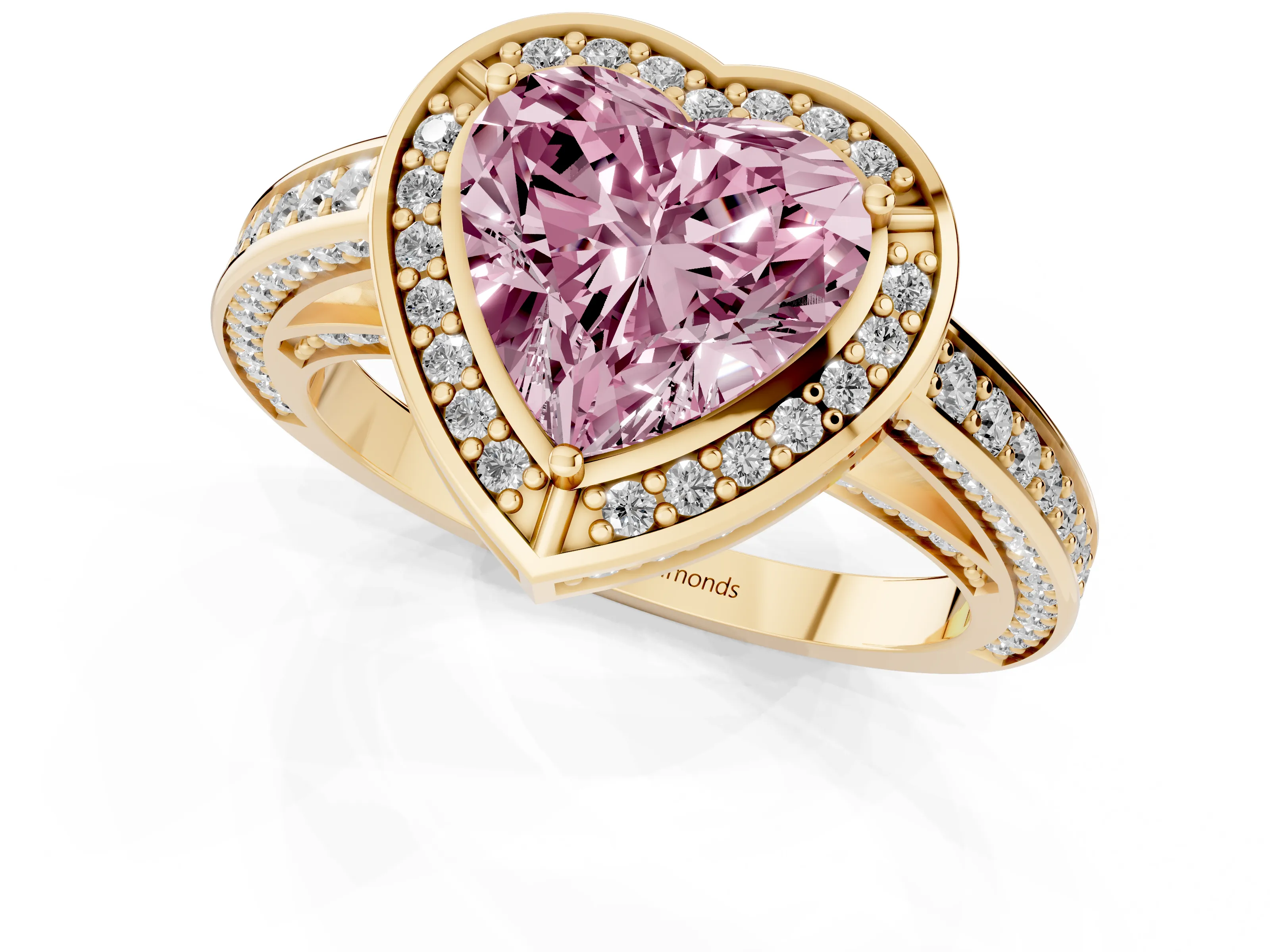 Fancy Pink Heart Cut Diamond Halo Pavé Split Shank Ring Set in Yellow gold with Prong Setting