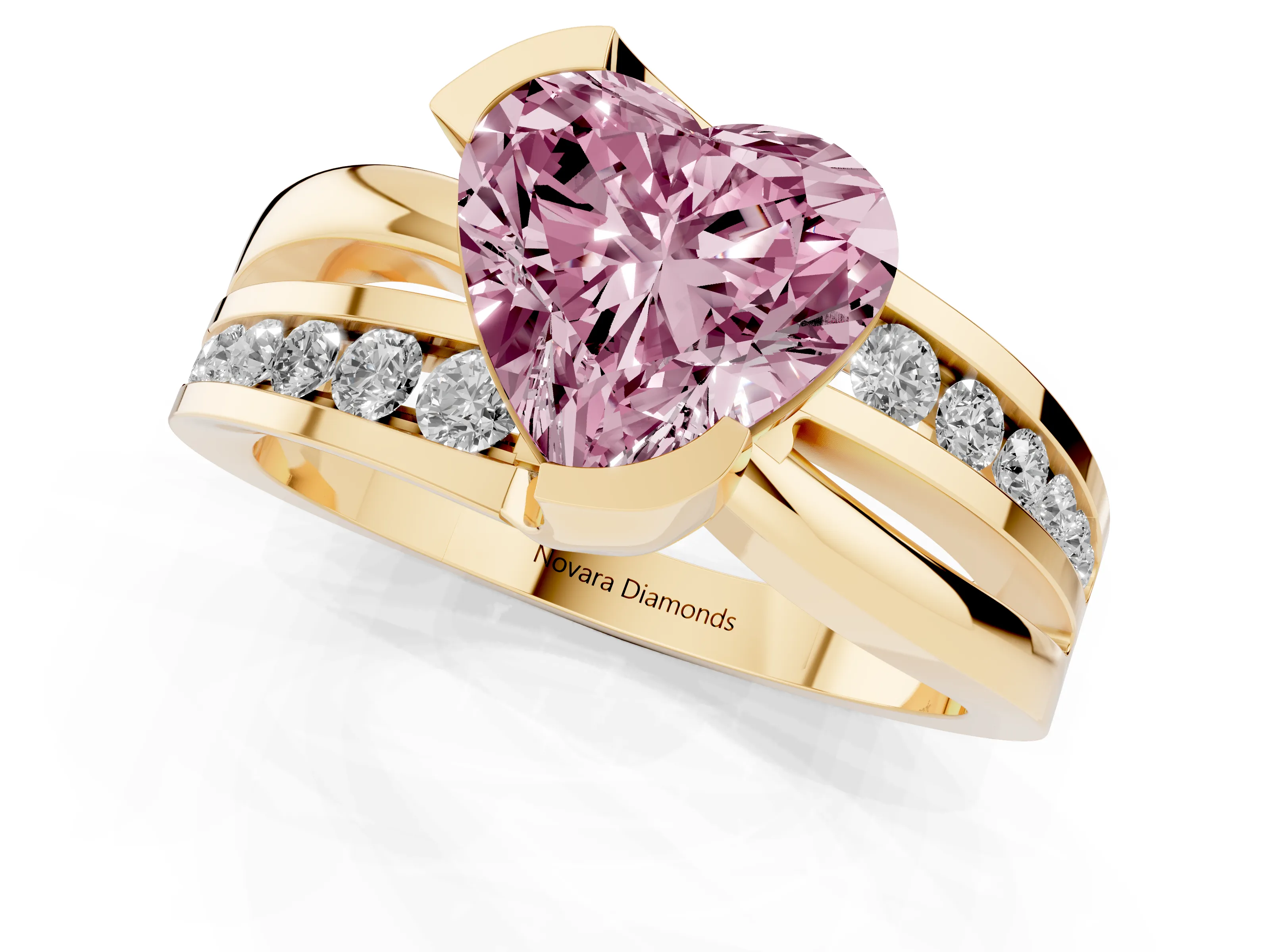 Fancy Pink Heart Cut Diamond Solitaire Ring Set in Yellow gold with Channel Set Split Shank and Tension Prongs