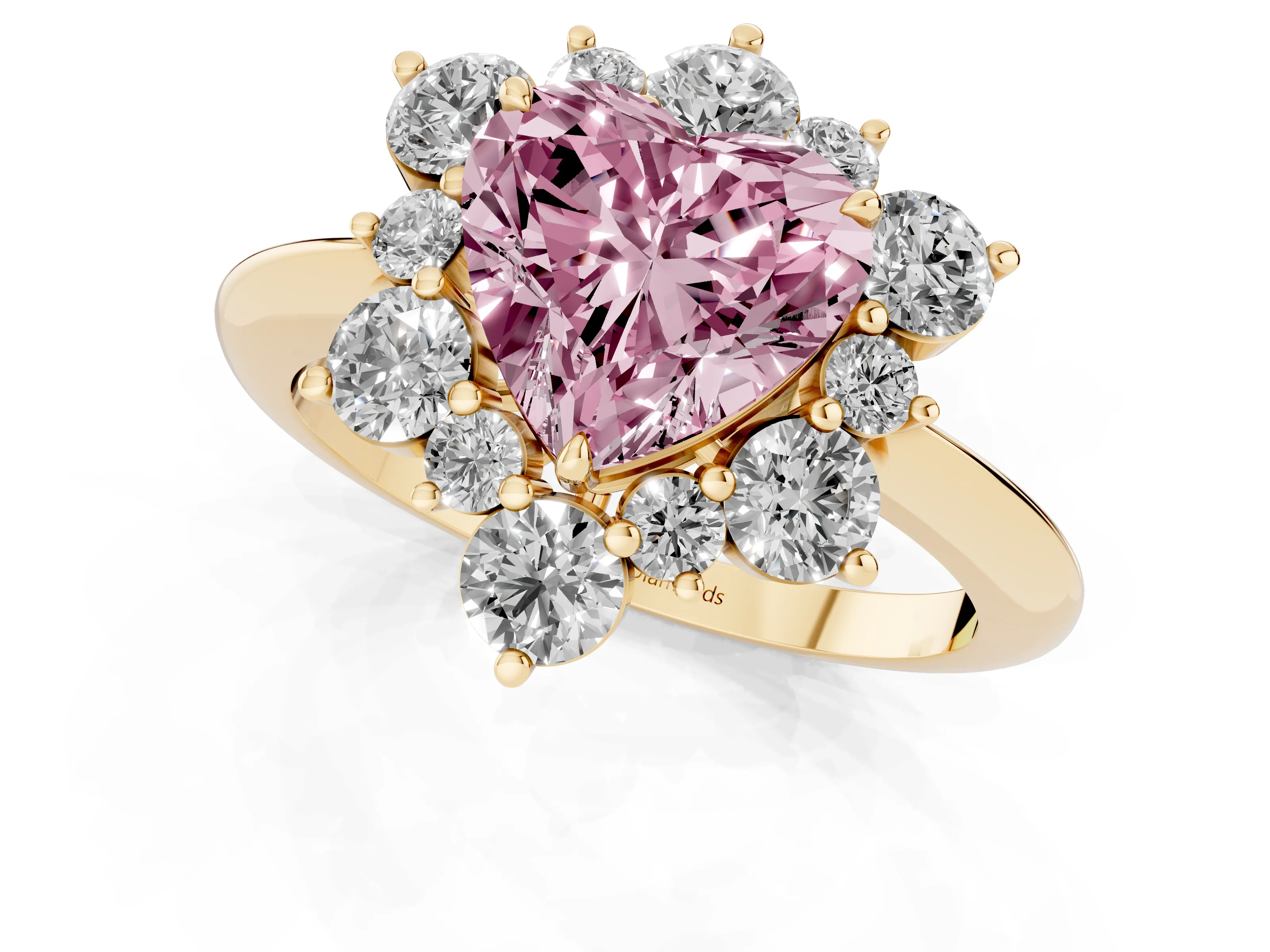 Fancy Pink Heart Cut Diamond Cluster Halo Ring Set in Yellow gold with Solitaire Band and Prong Setting