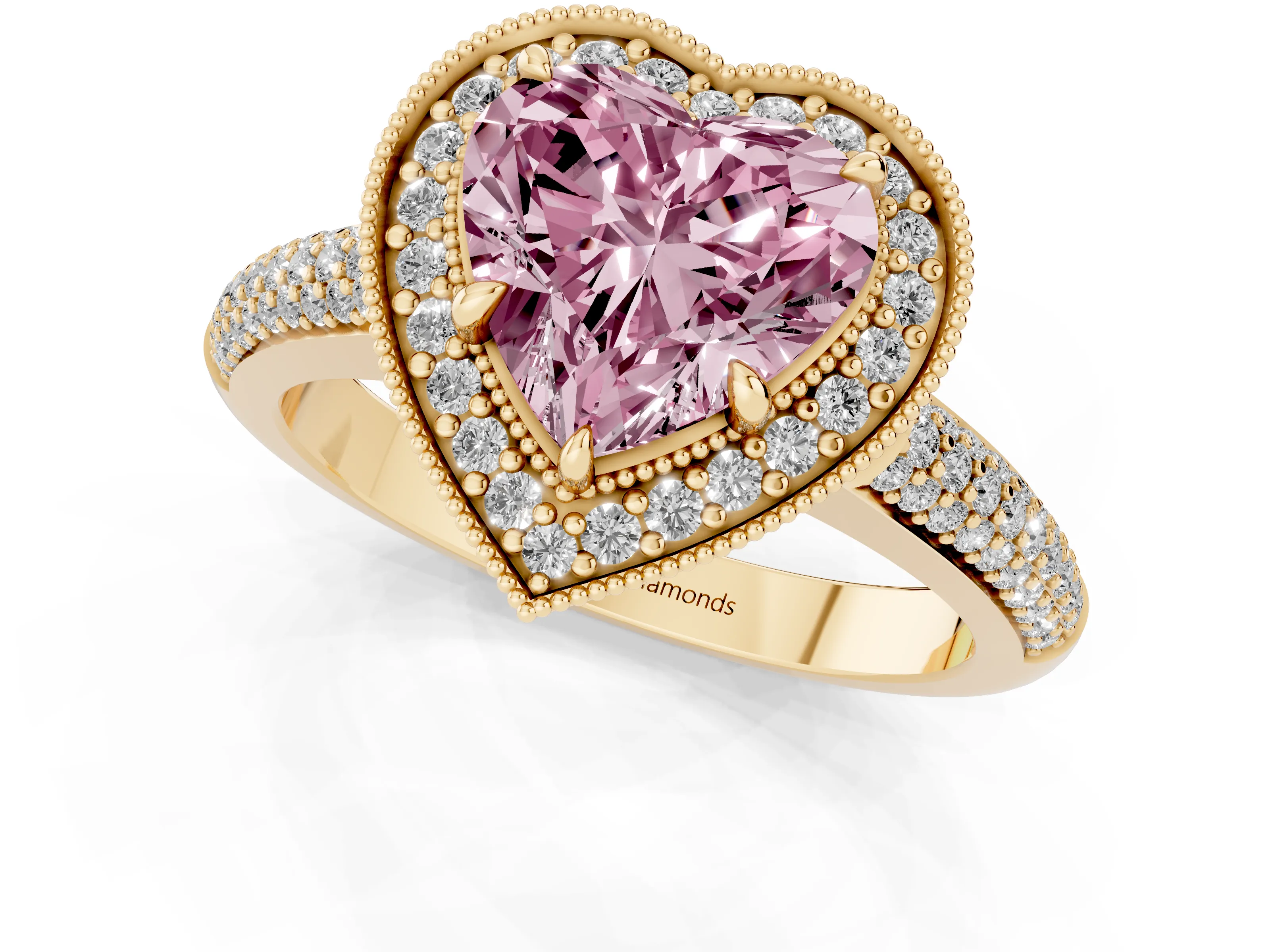 Fancy Pink Heart Cut Diamond Halo Pavé Band Set in Yellow gold with Prong Setting