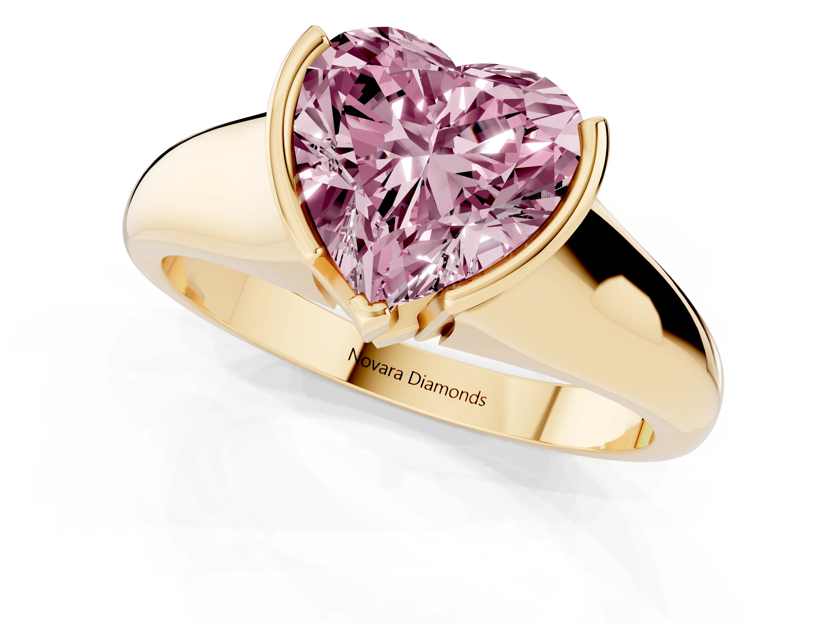 Fancy Pink Heart Cut Diamond Solitaire Tension Set Ring Set in Yellow gold with Split Shank Band
