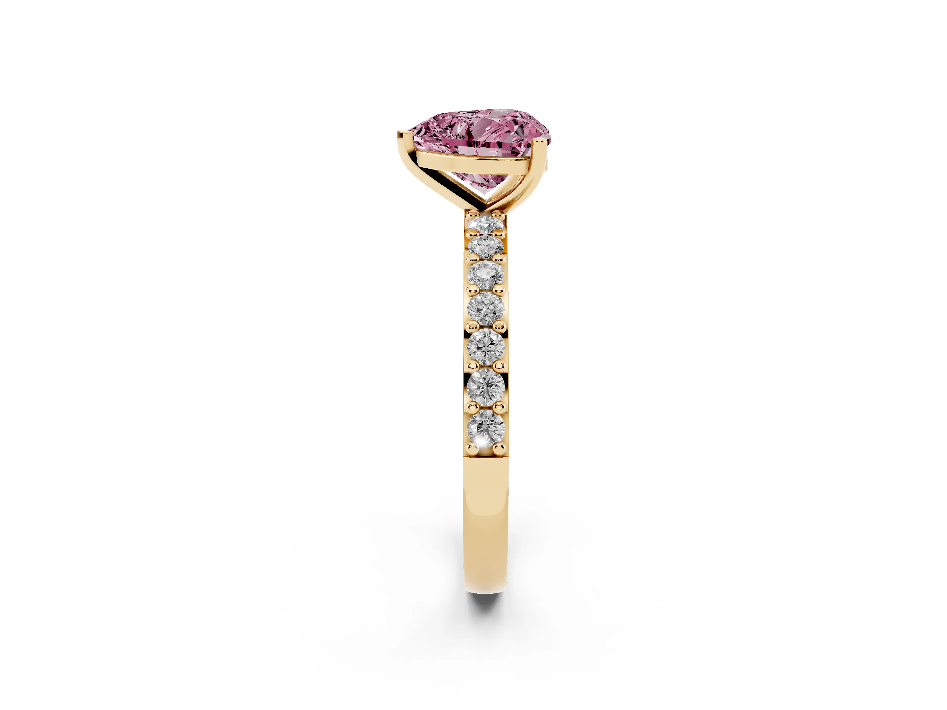 Fancy Pink Heart Cut Diamond Solitaire Set in Yellow gold with Round Pavé Band and Prong Setting