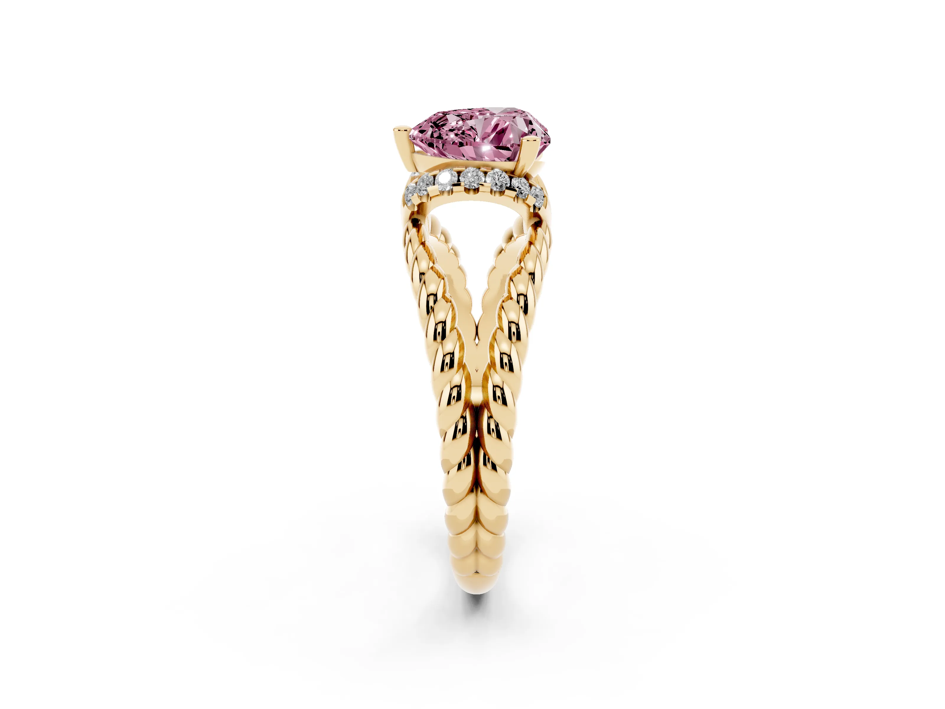 Fancy Pink Heart Cut Diamond Halo Ring Set in Yellow gold with Twisted Band and Prong Setting