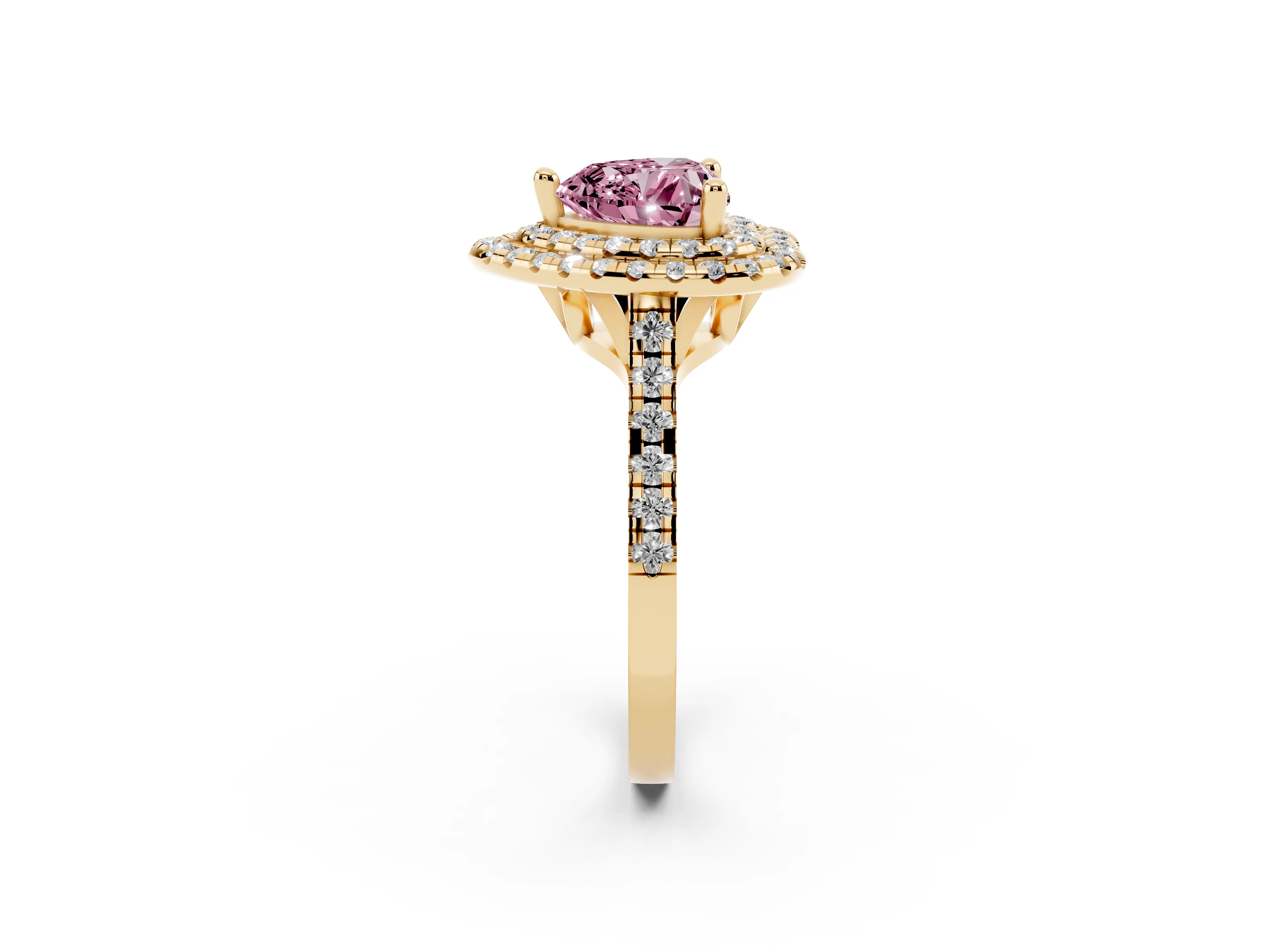 Fancy Pink Heart Cut Diamond Double Halo Statement Ring Set in Yellow gold with Pavé Band