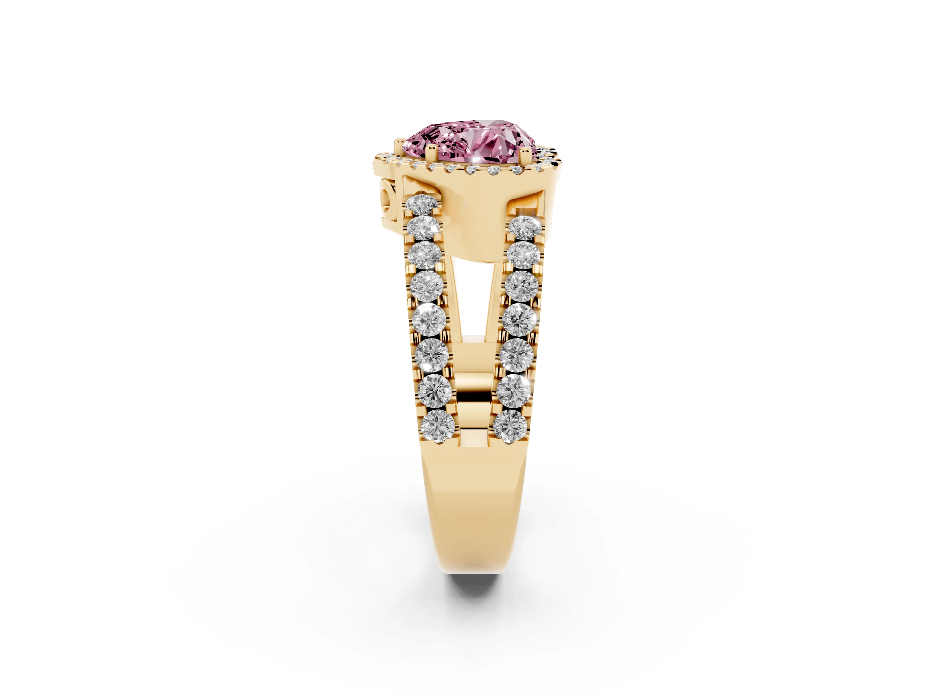Fancy Pink Heart Cut Diamond Halo Ring Set in Yellow gold with Pavé Split Shank and Prong Setting