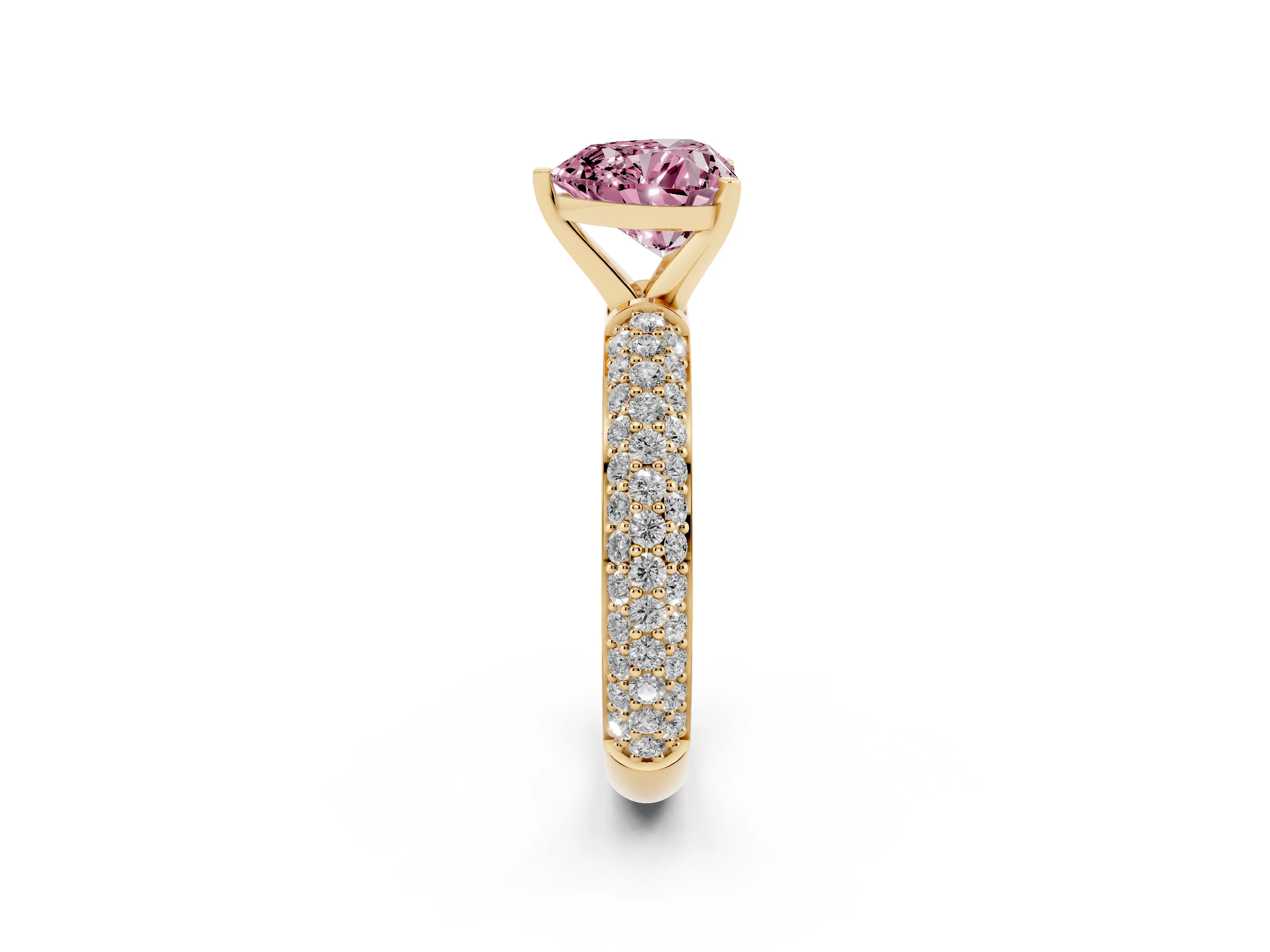 Fancy Pink Heart Cut Diamond Solitaire Ring Set in Yellow gold with Prong Setting and Pavé-Set Band