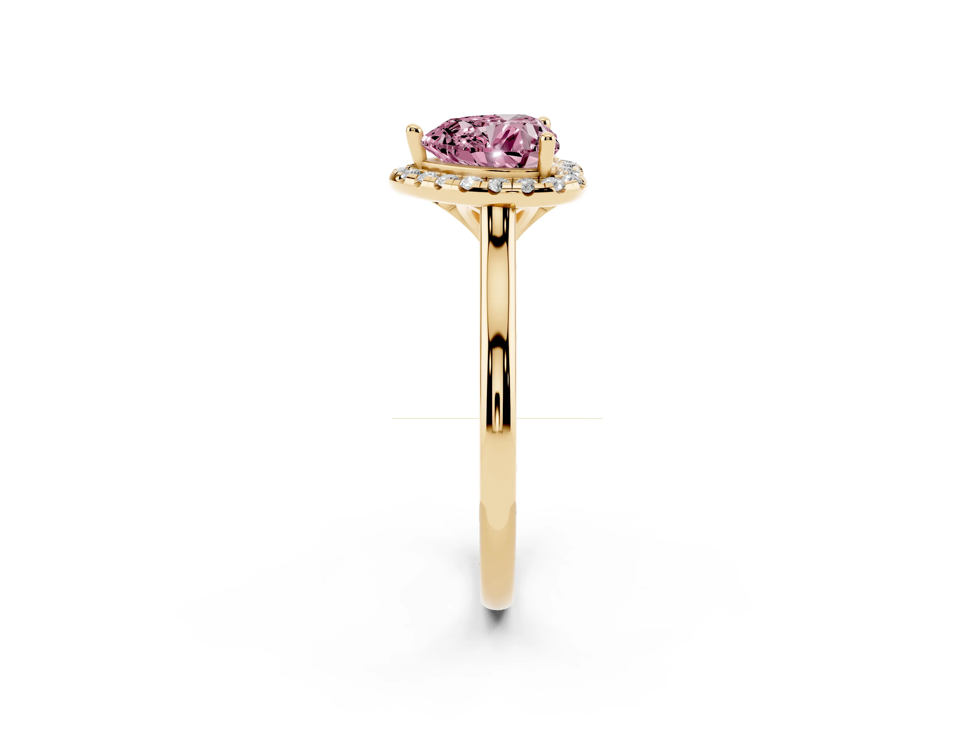 Fancy Pink Heart Cut Diamond Halo Engagement Ring Set in Yellow gold with Pavé Band and Rising Shoulders