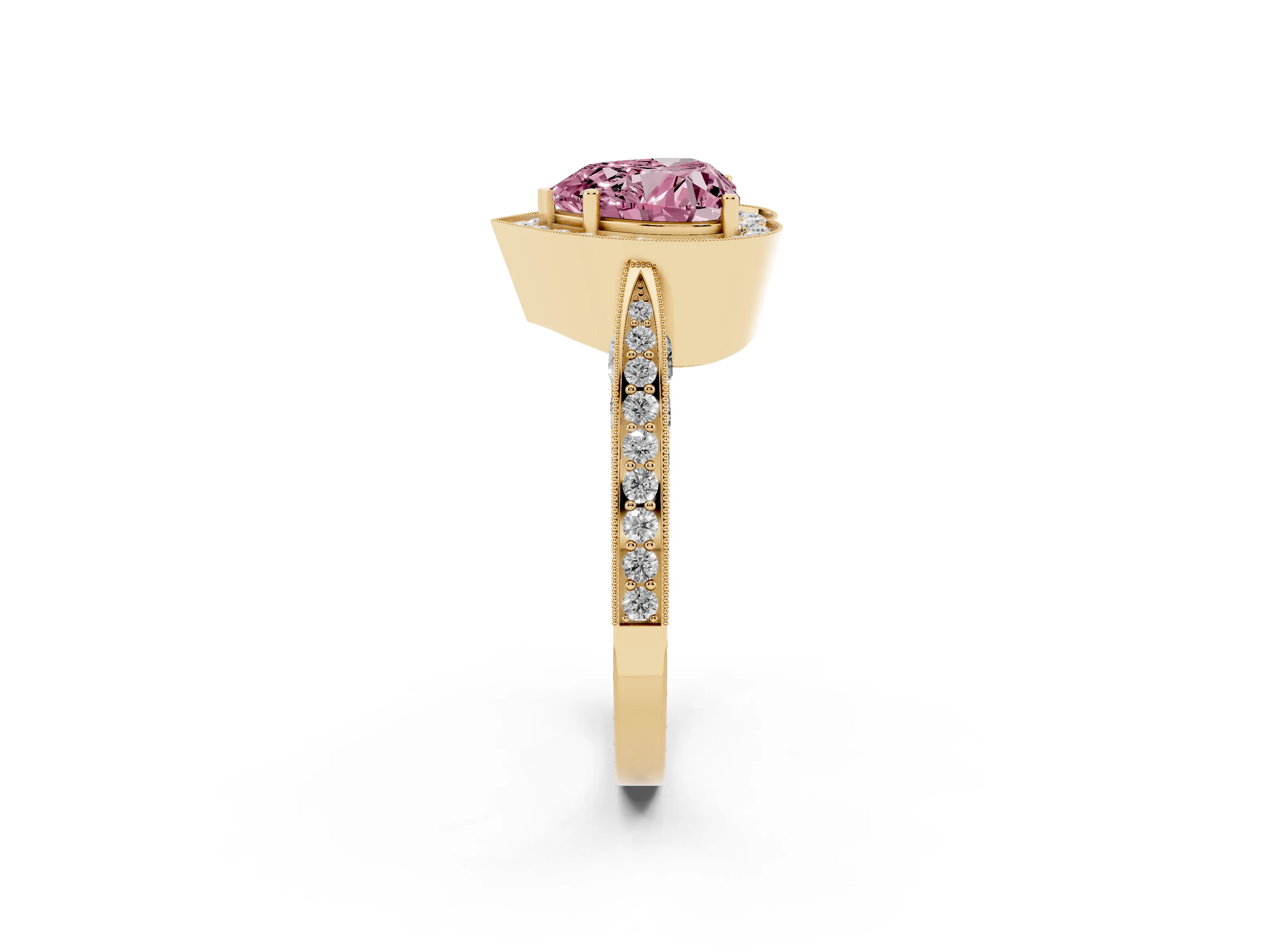 Fancy Pink Heart Cut Diamond Halo Engagement Ring Set in Yellow gold with Accent Split Shank Band