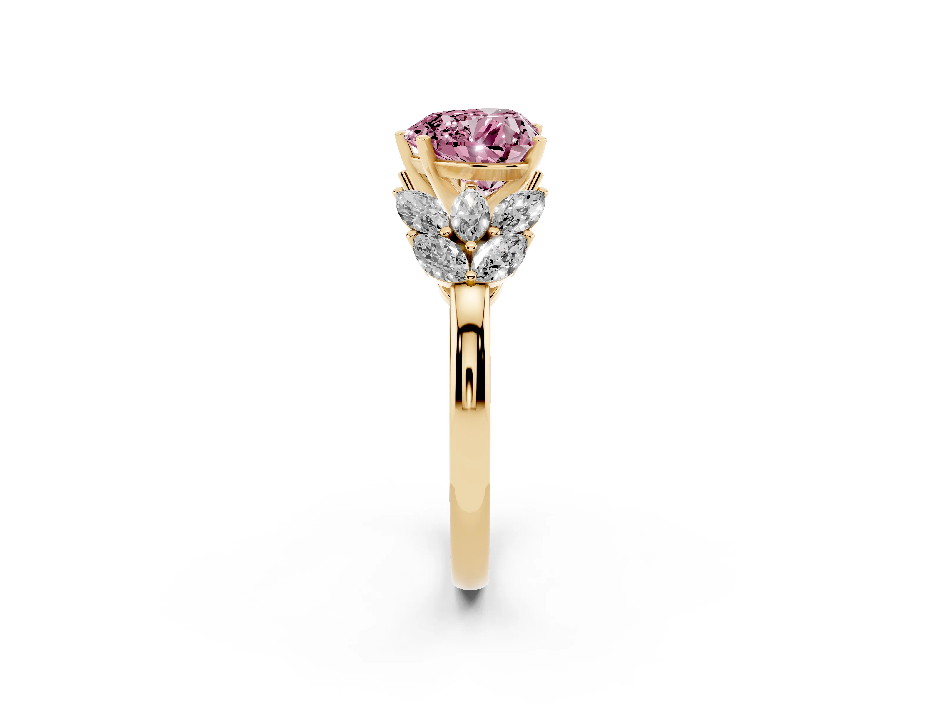 Fancy Pink Heart Cut Diamond Cluster Leaf Design Ring Set in Yellow gold with Prong Setting