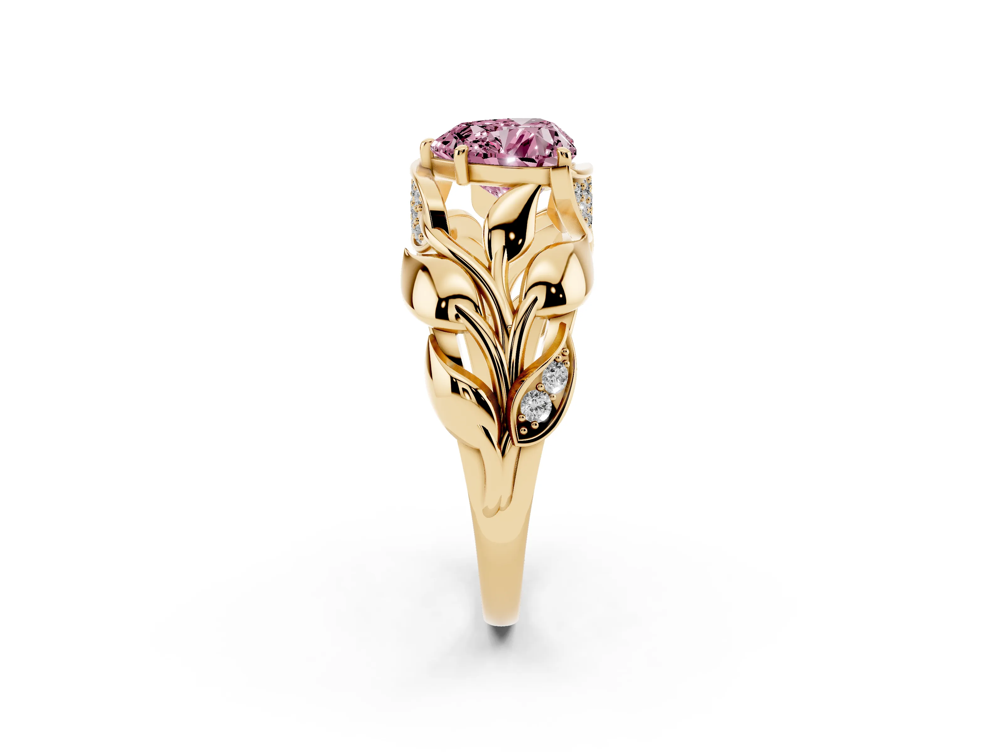 Fancy Pink Heart Cut Diamond Leaf-Inspired Engagement Ring Set in Yellow gold with Round Accents