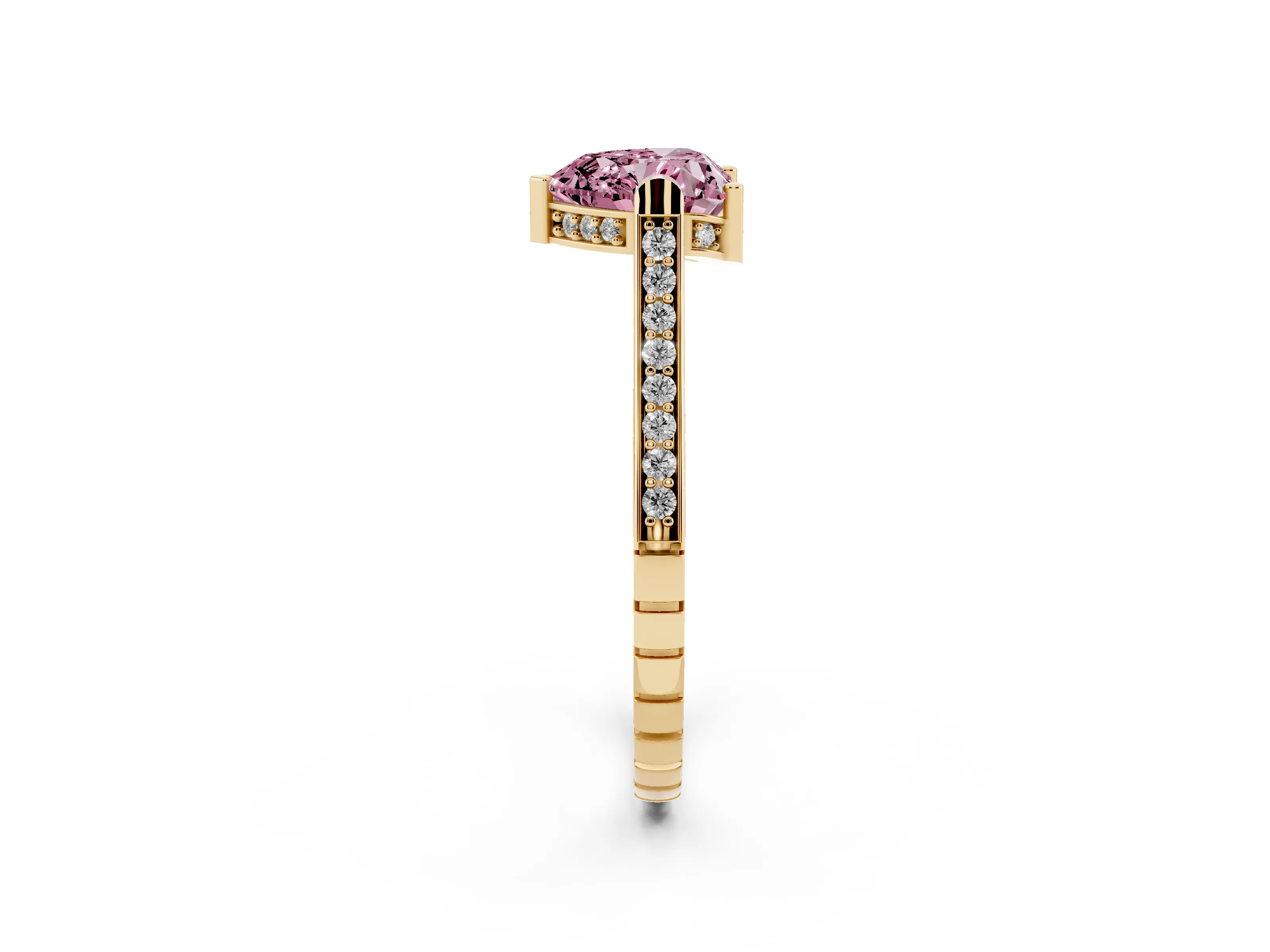 Fancy Pink Heart Cut Diamond Solitaire Ring Set in Yellow gold with Channel Set Band and Bezel Prong Setting