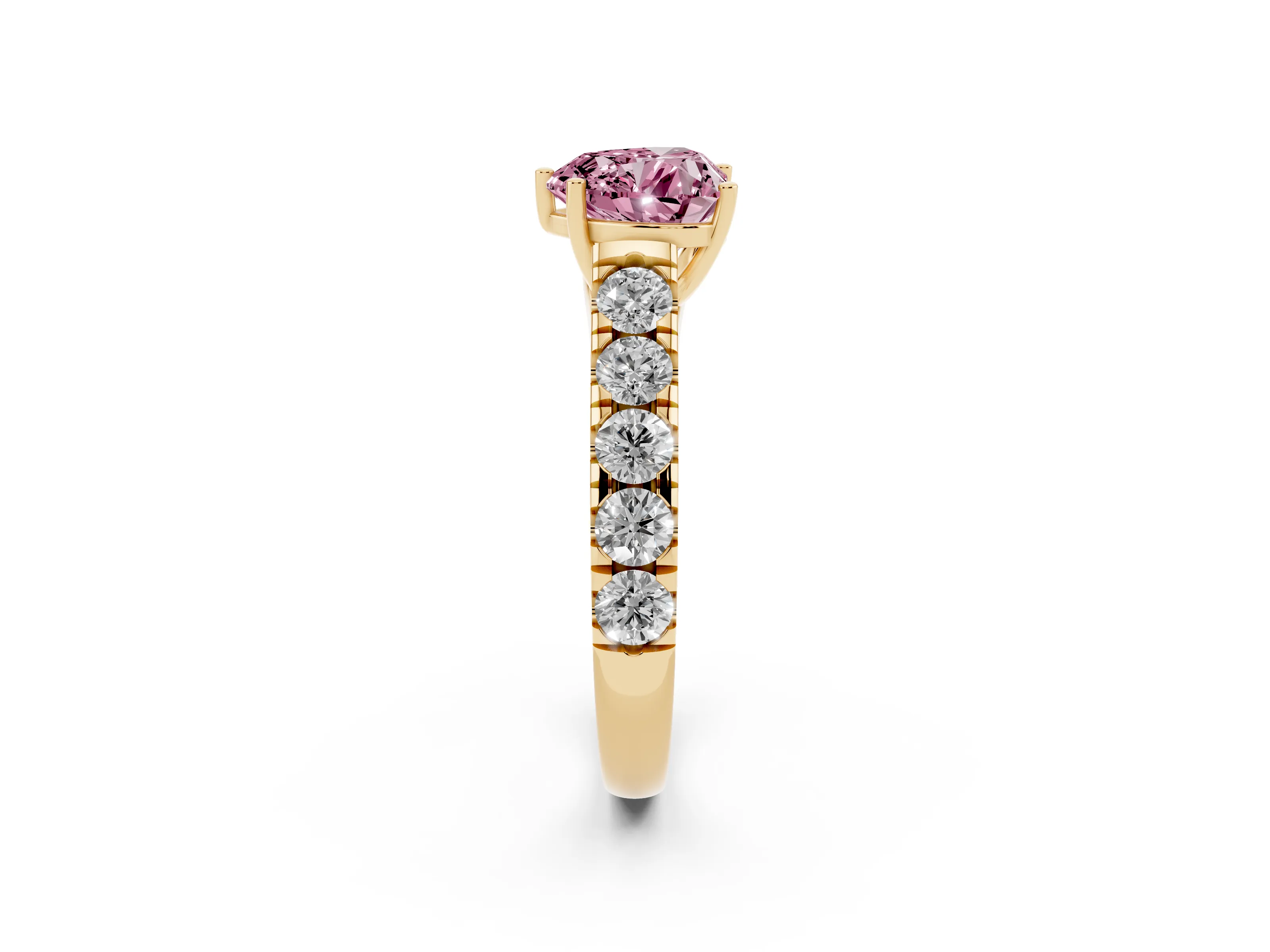 Fancy Pink Heart Cut Diamond Solitaire Ring Set in Yellow gold with Cut-Down Micro Pavé Band and Prong Setting
