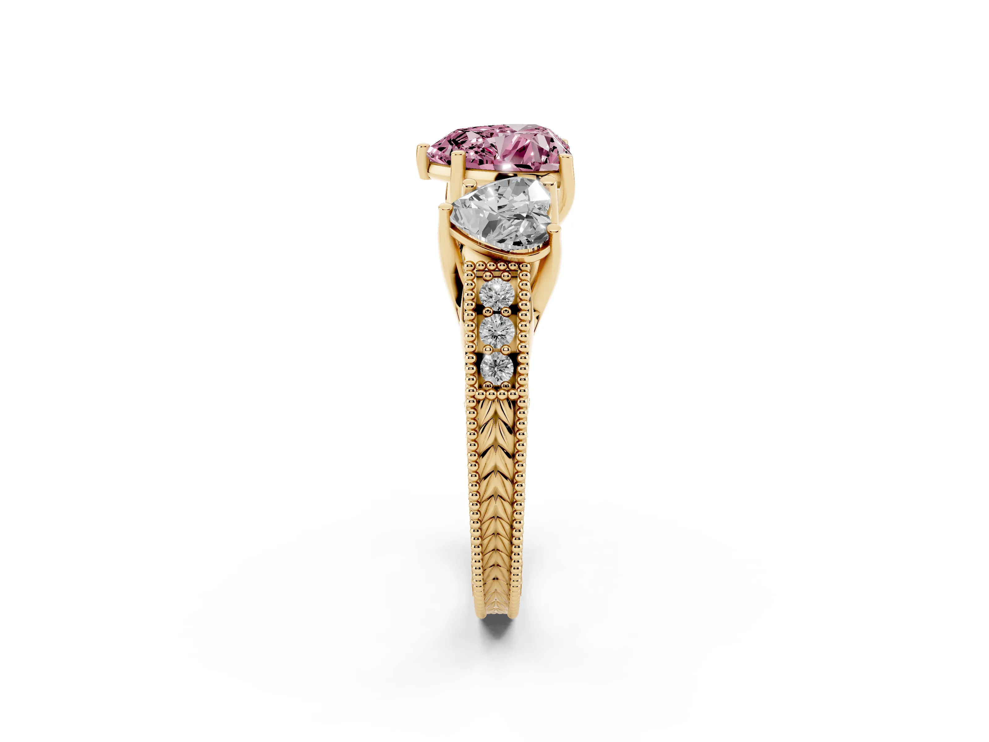 Fancy Pink Heart Cut Diamond Three-Stone Engagement Ring Set in Yellow gold with Milgrain Pavé Band