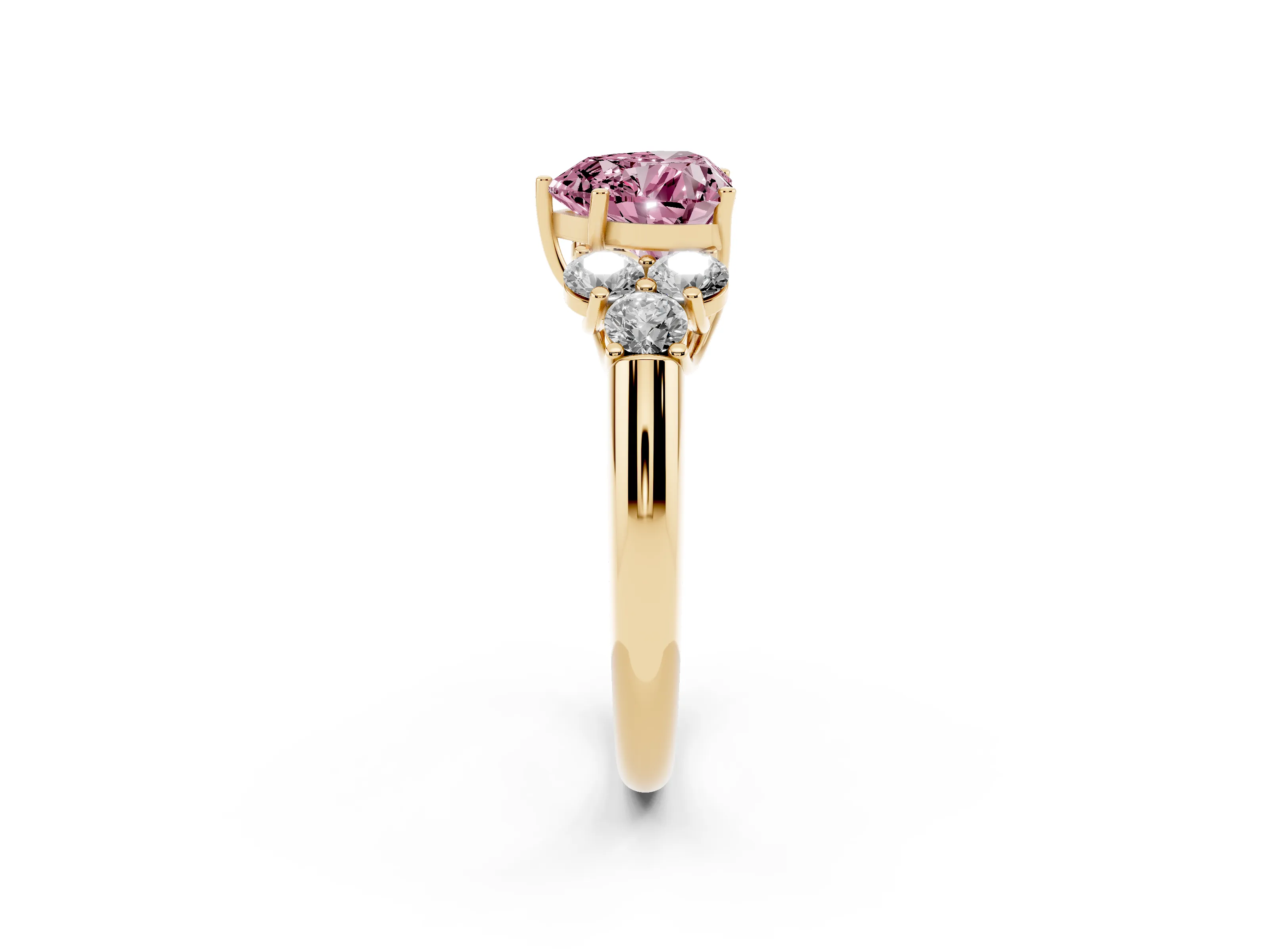Fancy Pink Heart Cut Diamond Cluster Ring Set in Yellow gold with Round Accent Stones and Prong Setting on a Plain Band