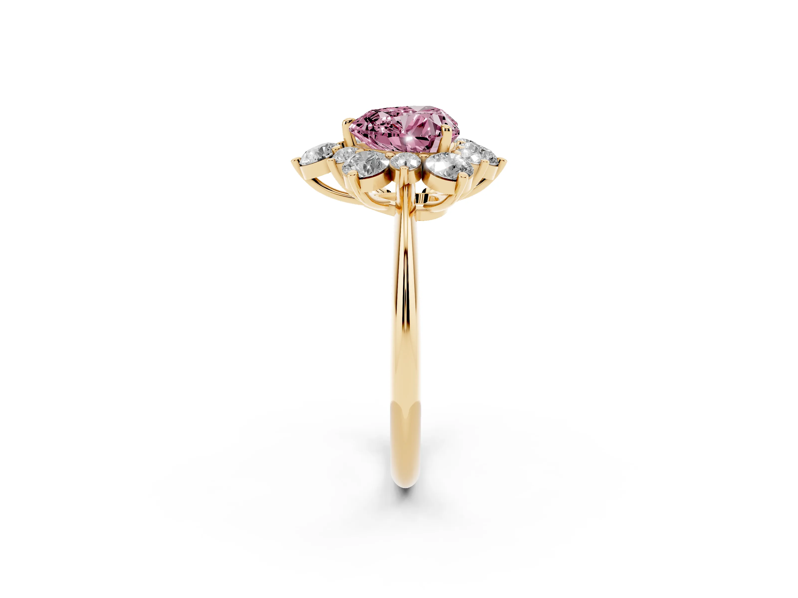Fancy Pink Heart Cut Diamond Cluster Halo Ring Set in Yellow gold with Solitaire Band and Prong Setting