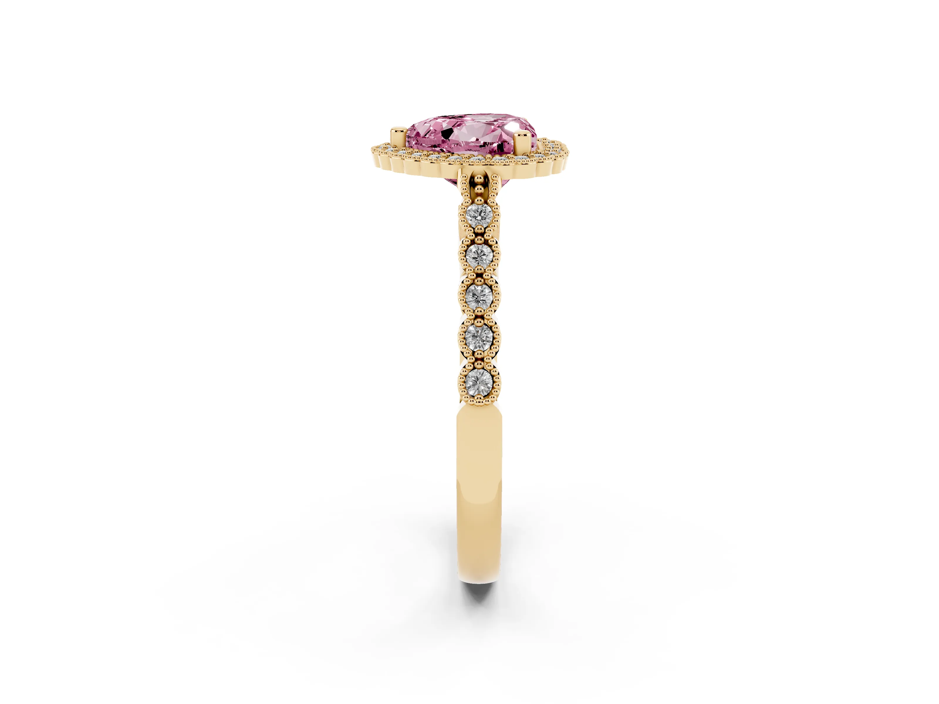 Fancy Pink Heart Cut Diamond Halo Ring Set in Yellow gold with Pavé Milgrain Band