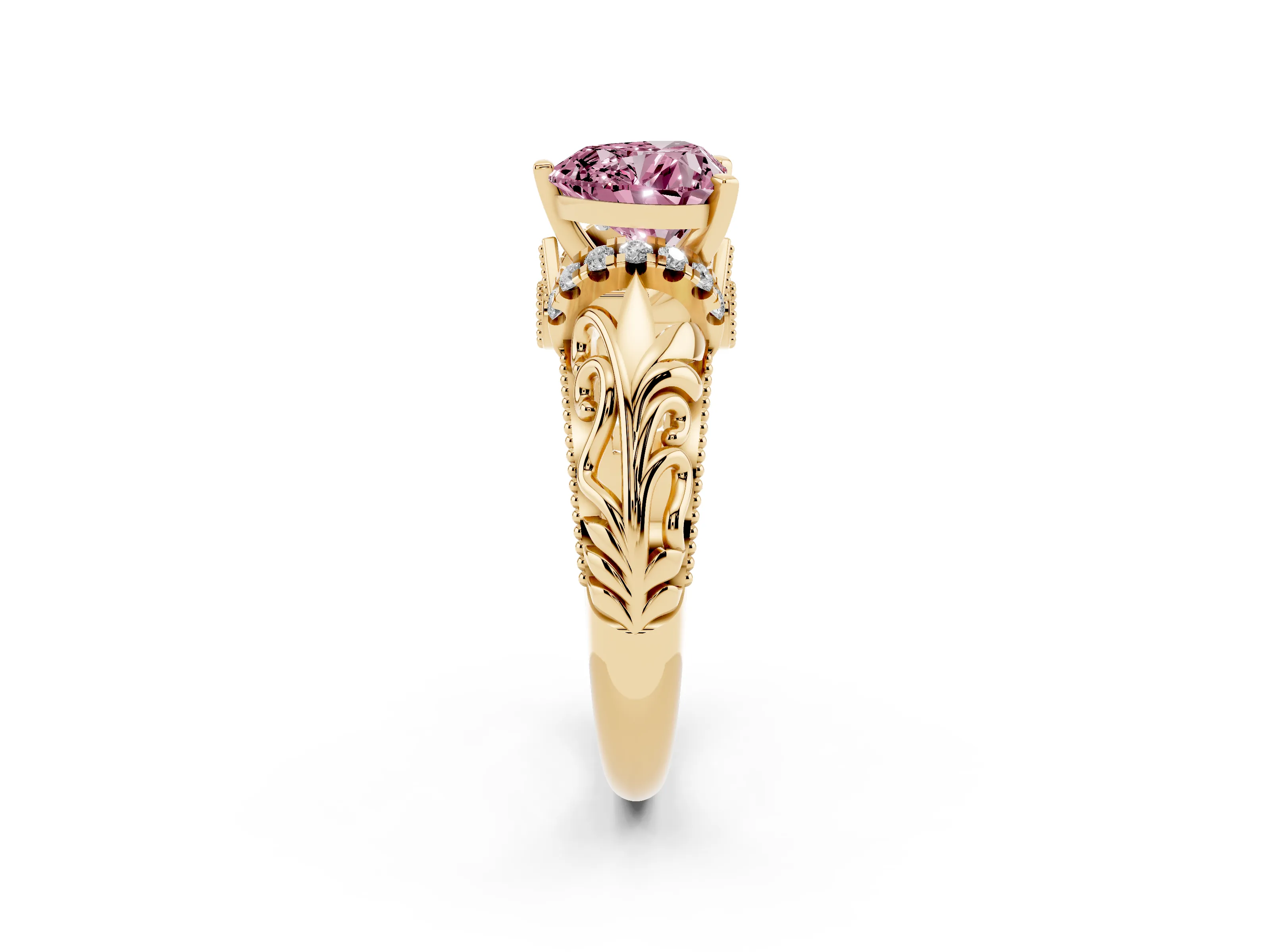 Fancy Pink Heart Cut Diamond Filigree Halo Engagement Ring Set in Yellow gold with Prong Setting